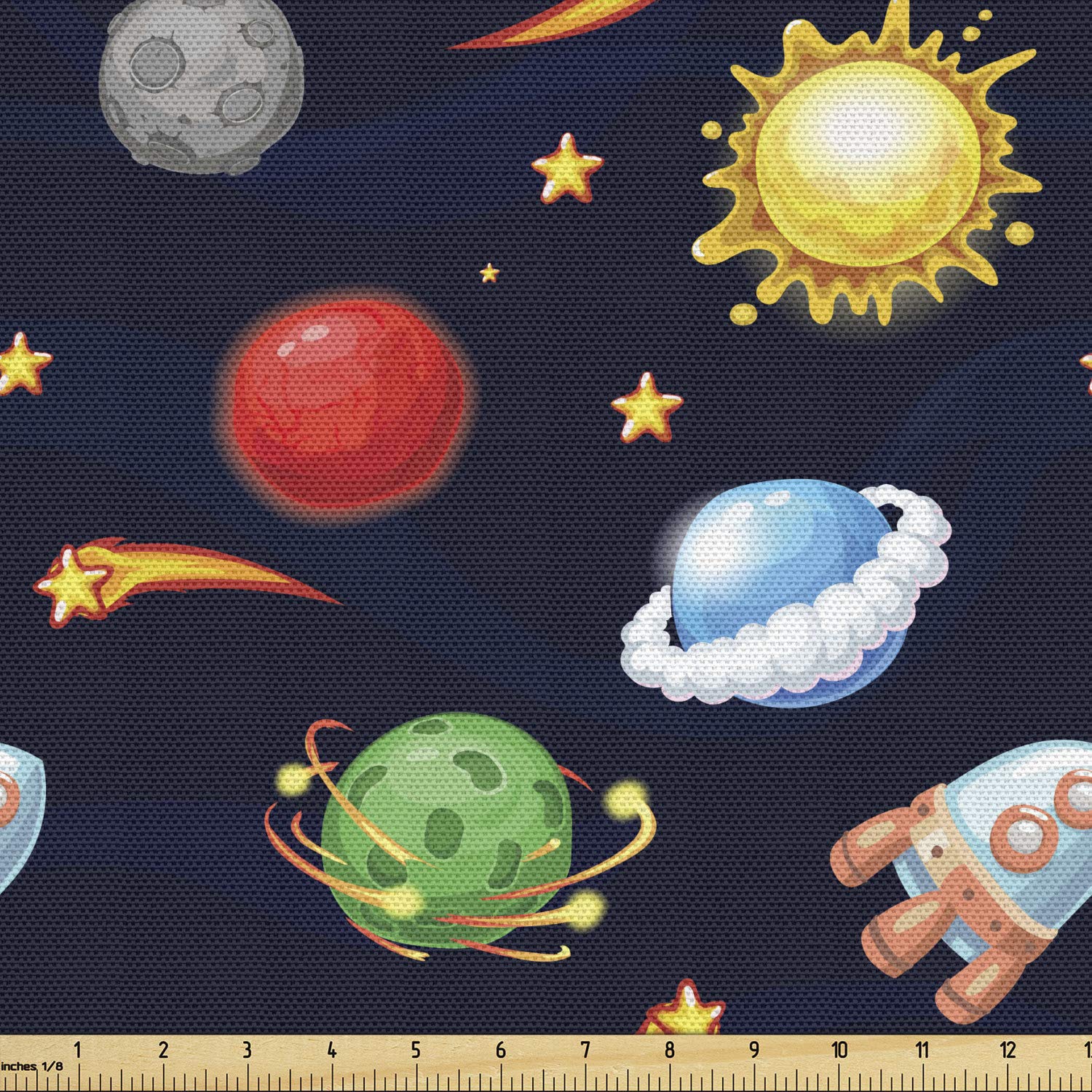 Ambesonne Space Fabric by The Yard - Cartoon Style Cosmos Print with Sun, Stars, Planets & Rockets | Decorative Upholstery & Home Decor Fabric | 10 Yards Multicolor | Perfect for DIY Projects, Curtains, Pillows & Wall Hangings