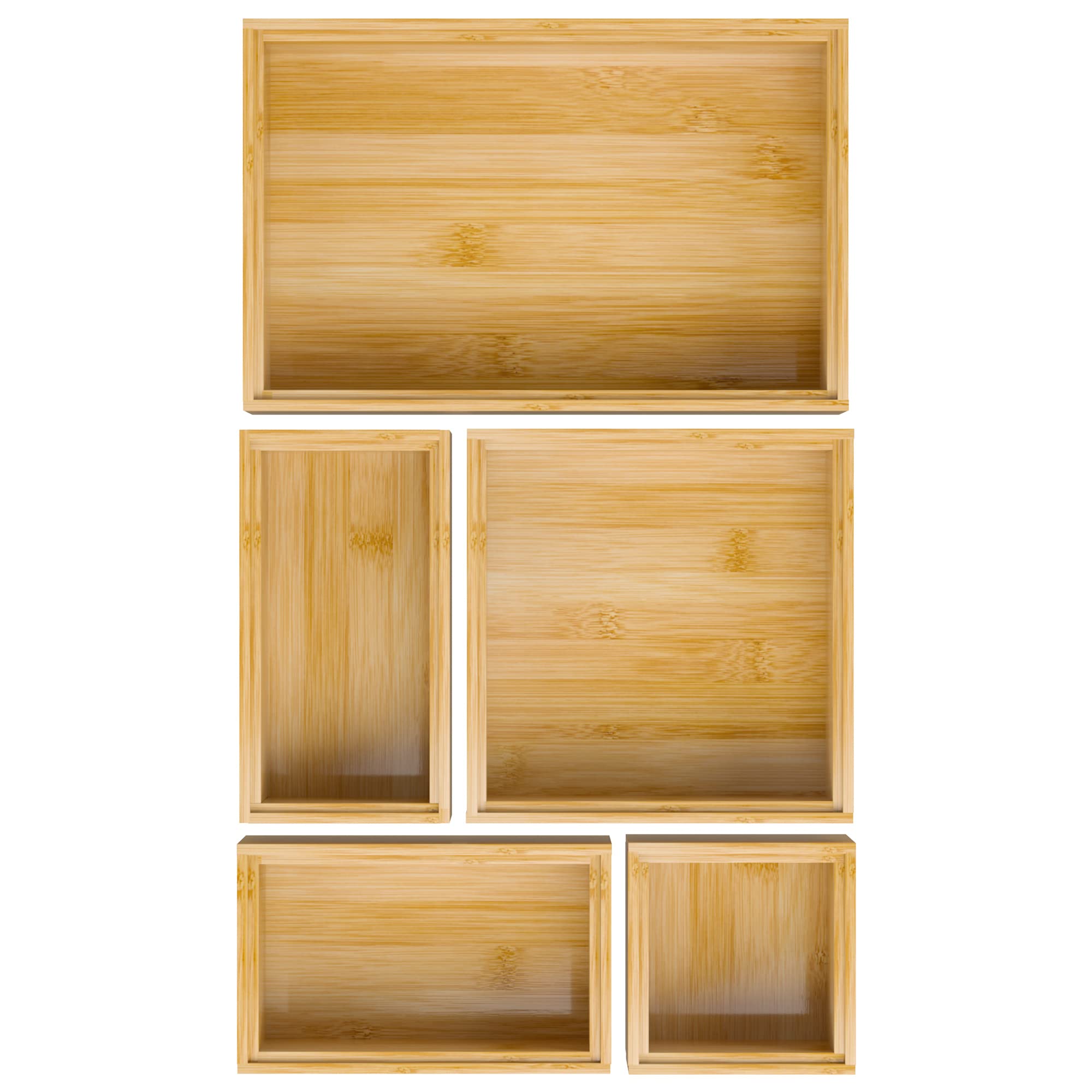 Bamboo Drawer Organizer Set of 5 - Multi-Use Storage Tray for Kitchen, Bathroom & Office