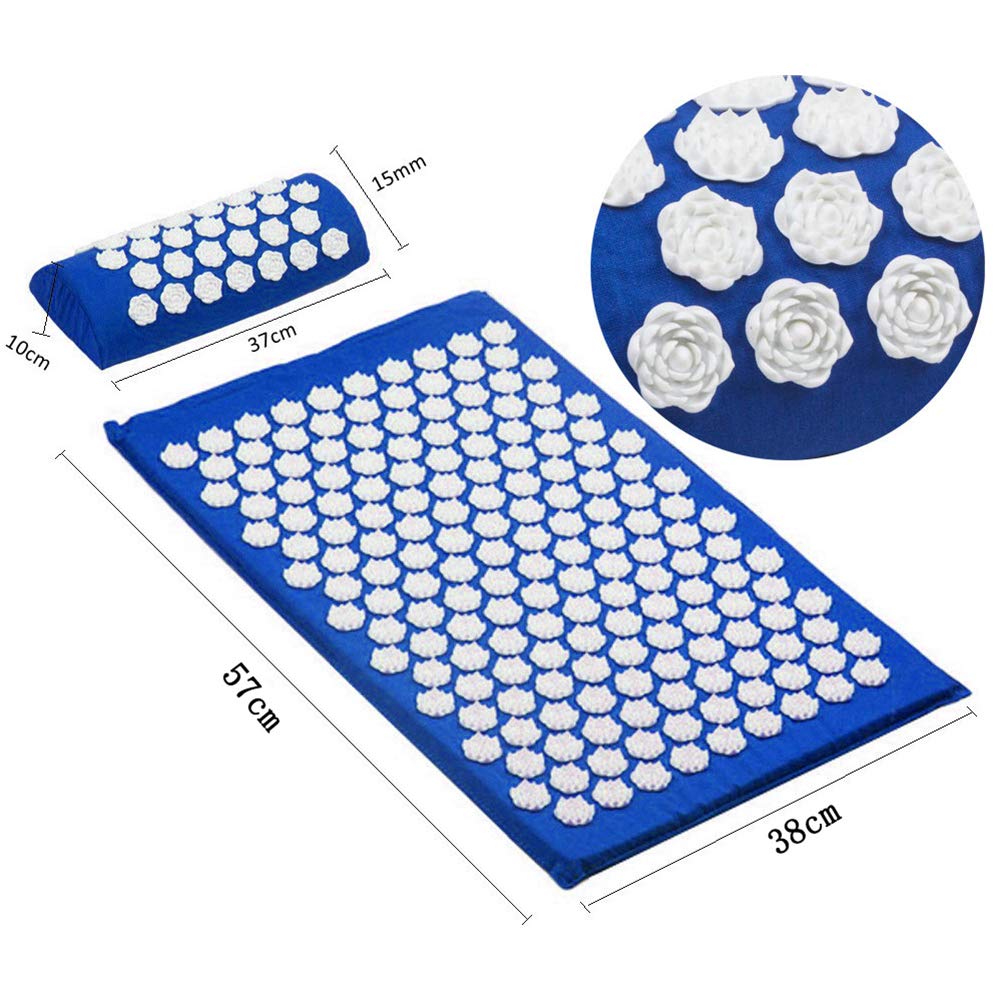 Premium Acupuncture Mat Massager for Back, Foot & Full Body Pain Relief - Shiatsu Massage Yoga Mat with Rose Mat Pillow (Blue) - Perfect for Stress Relief, Muscle Relaxation & Home Spa Therapy