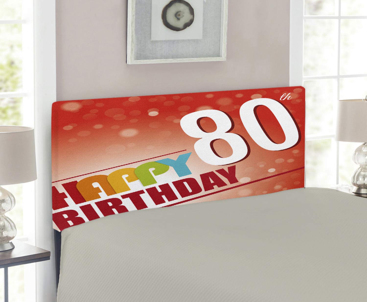 Ambesonne 80th Birthday Headboard - Twin Size Upholstered Metal Bed Frame with Memory Foam | Colorful Abstract Design in Red Vermilion & White | Perfect for 80th Birthday Parties, Bedroom Decor & Guest Room Upgrade