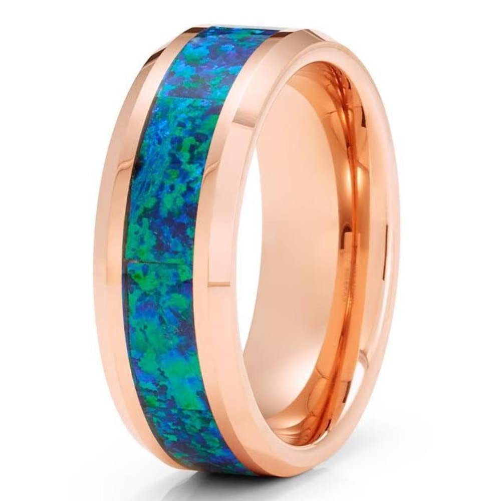Rose Gold Tungsten Wedding Band - 8mm Tungsten Carbide Ring with 18k Rose Gold & Opal Inlay - Perfect for Men's & Women's Wedding, Engagement & Anniversary Jewelry Gifts
