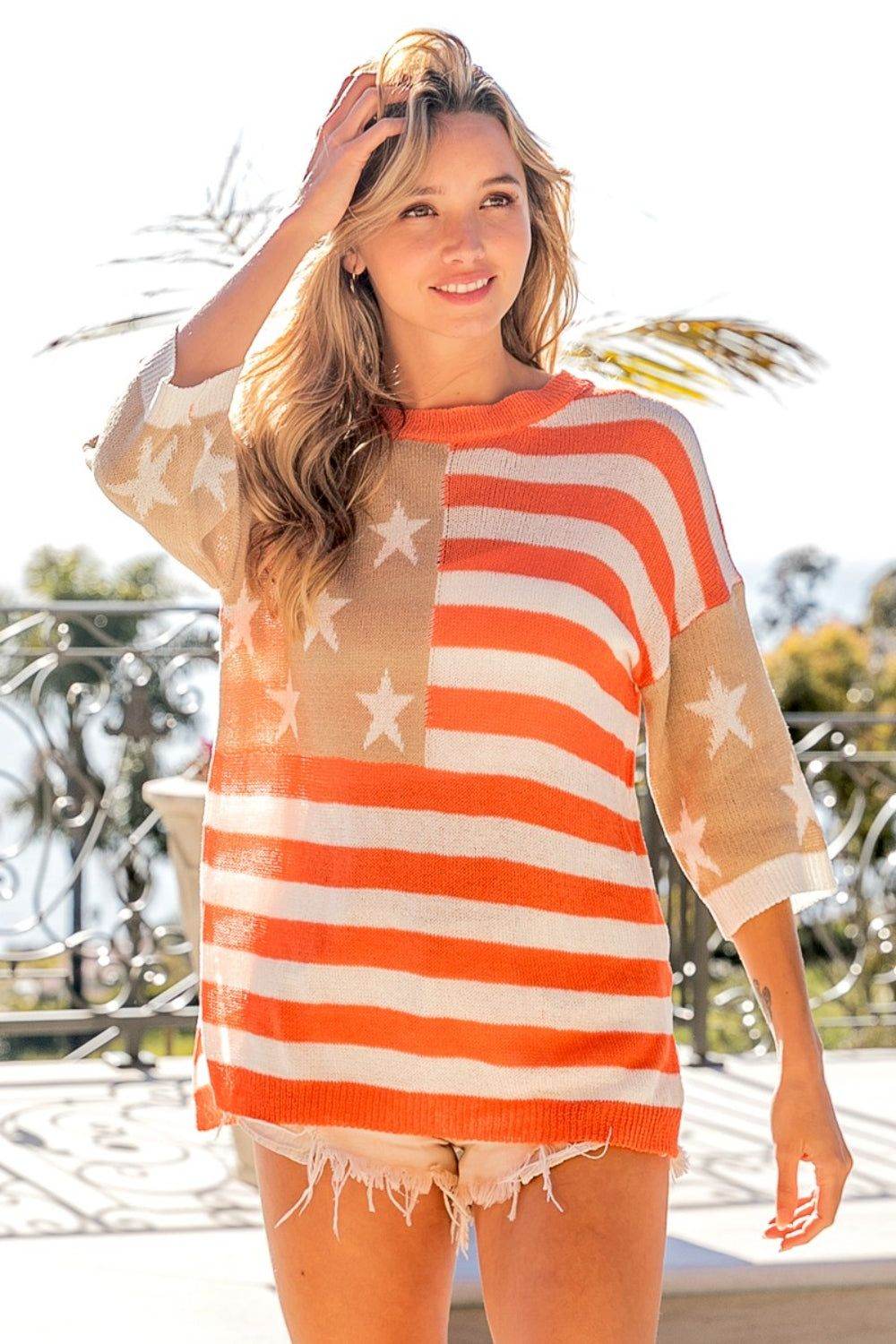 BiBi American Flag Round Neck Knit Top - Patriotic Women's Casual Sweater for 4th of July, Christmas & Holiday Outfits