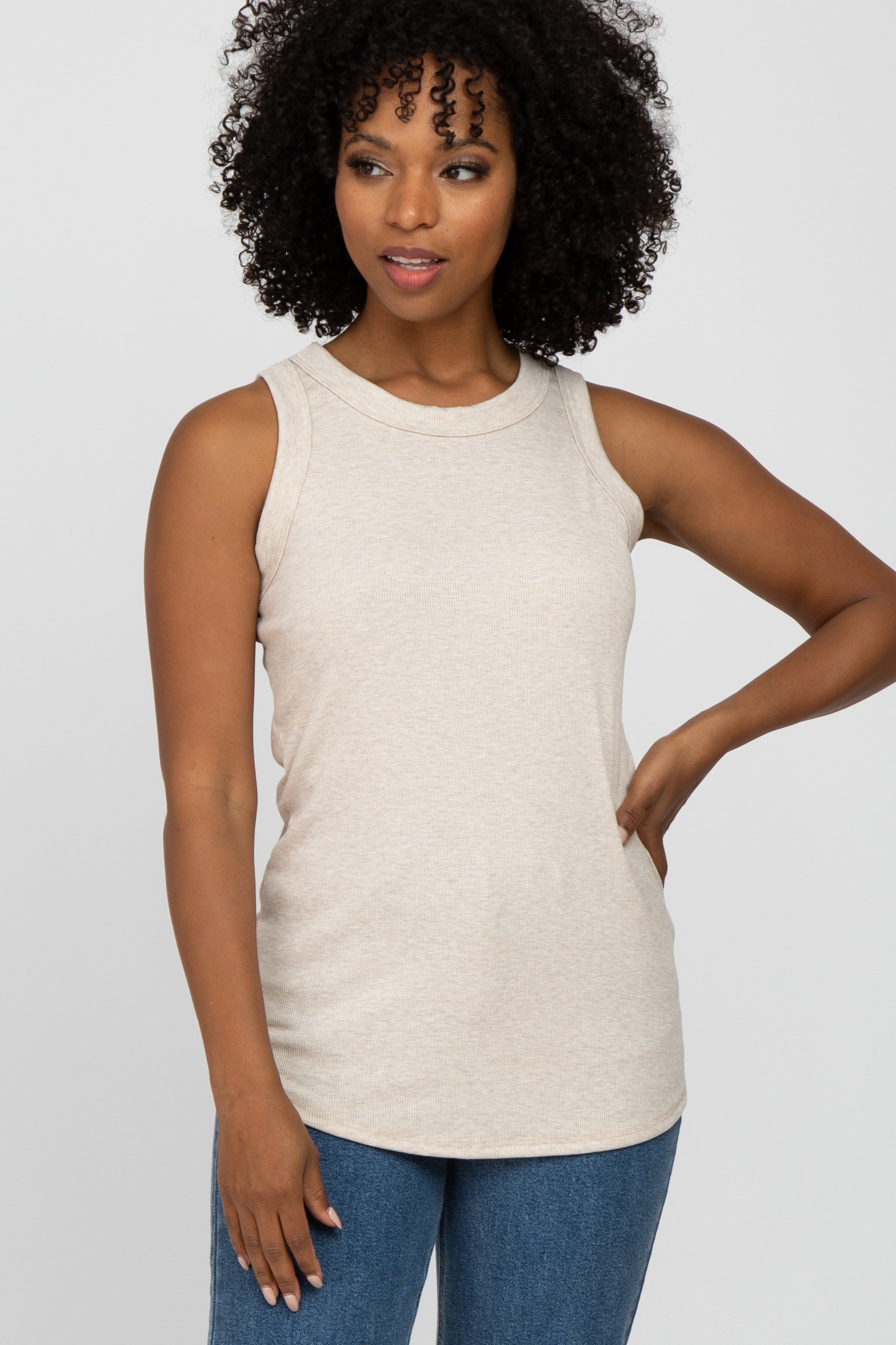 Beige Ribbed Sleeveless Maternity Top for Women - Soft Stretchy Pregnancy Shirt for Summer & Nursing - Perfect for Casual Wear & Maternity Photos