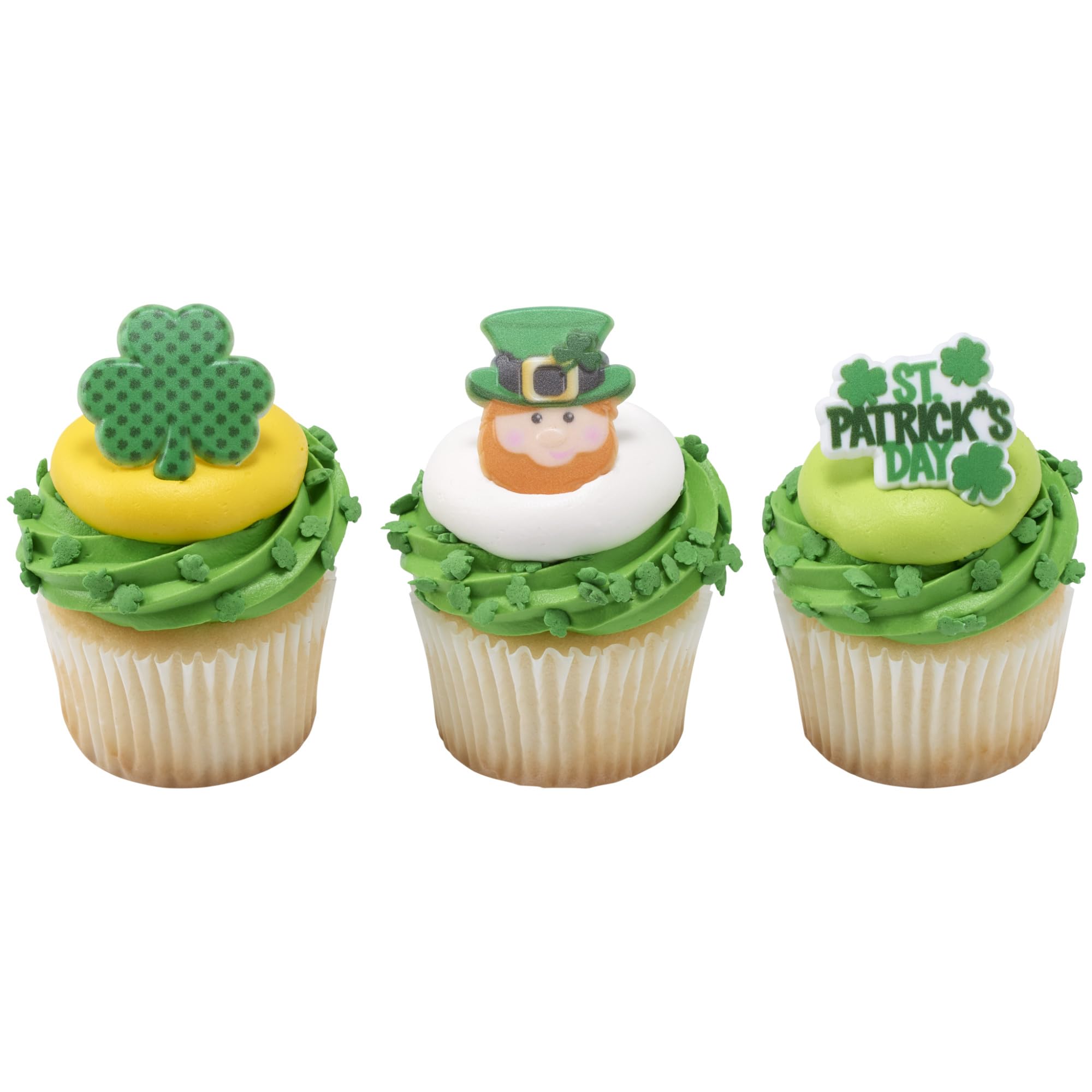 DecoPac St. Patrick's Day Cupcake Toppers - 24 Pack of Green Shamrock & Leprechaun Rings for Cake Decorations | Food Safe Cupcake Decor for St. Paddy's Day Parties, Birthday Cakes & Holiday Desserts