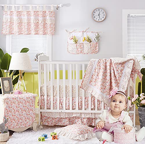 Brandream 11-Piece Floral Farmhouse Crib Bedding Set for Girls - Soft Blush Pink Cotton Baby Blanket with Ruffles & Polka Dots | Perfect for Nursery Decor, Baby Showers & Newborn Gifts
