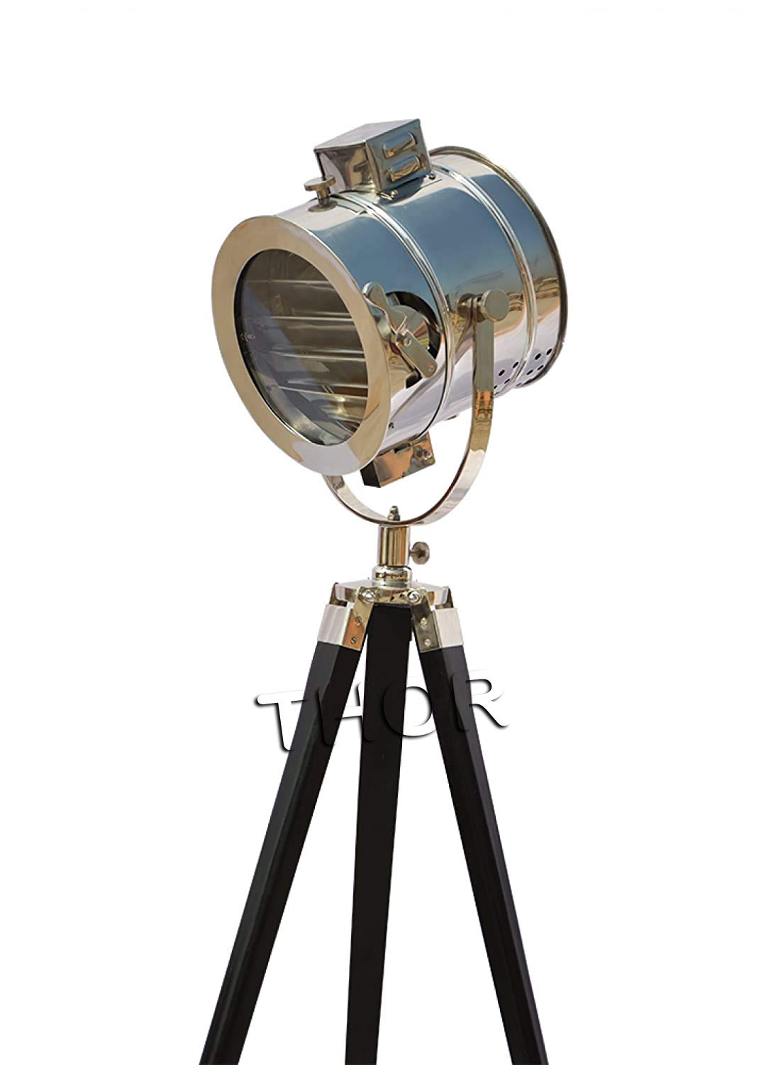 THOR INSTRUMENTS Nautical Spotlight Searchlight - Adjustable Studio Floor Lamp with Black Tripod Base, Chrome & Silver Finish - Vintage Industrial Home Decor for Living Room, Bedroom, or Office - Perfect Gift for Maritime Enthusiasts
