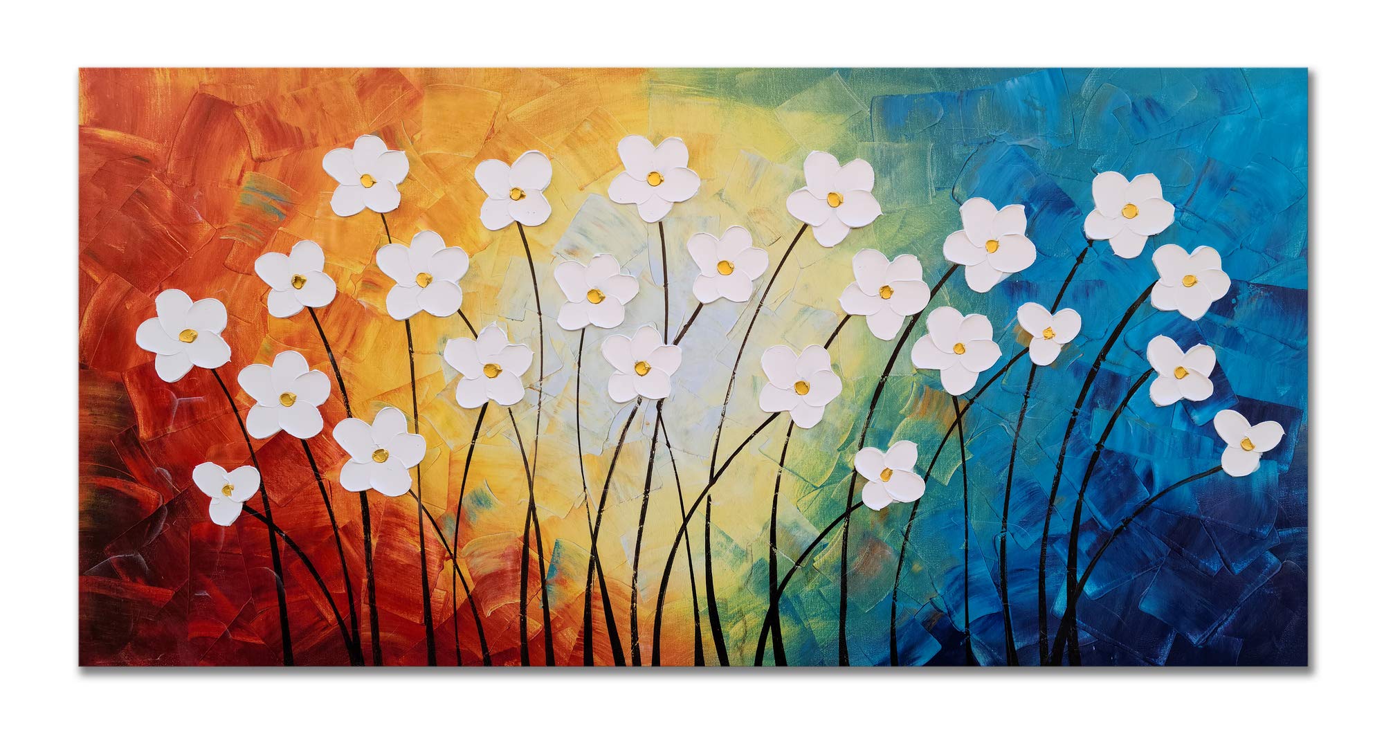 Hand Painted 3D Canvas Oil Painting - Modern Large Floral Wall Art in Light Blue, Yellow, Red & White | Yihui Arts Home Decor for Living Room, Bedroom, Nursery | Perfect for Housewarming Gifts & Interior Design