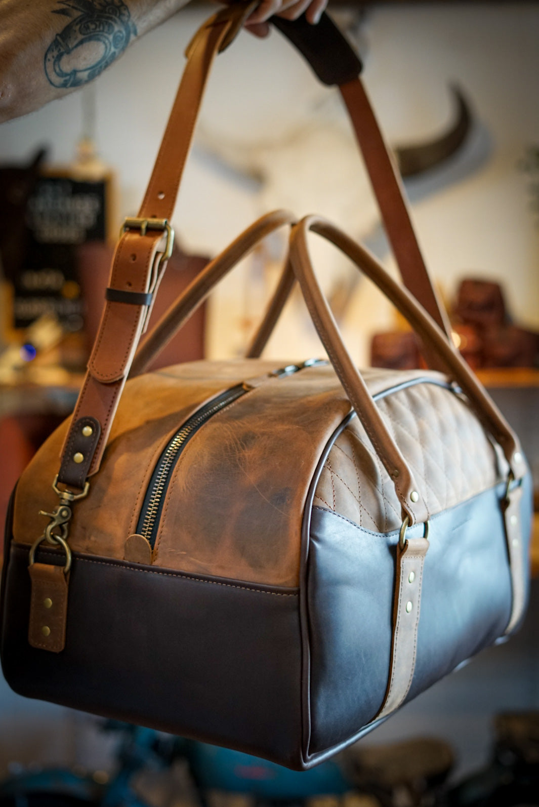 Premium Rancher Duffle Bag - Two Tone Chocolate Mocha & Brown Sugar Brown - Perfect for Travel, Work & Outdoor Adventures
