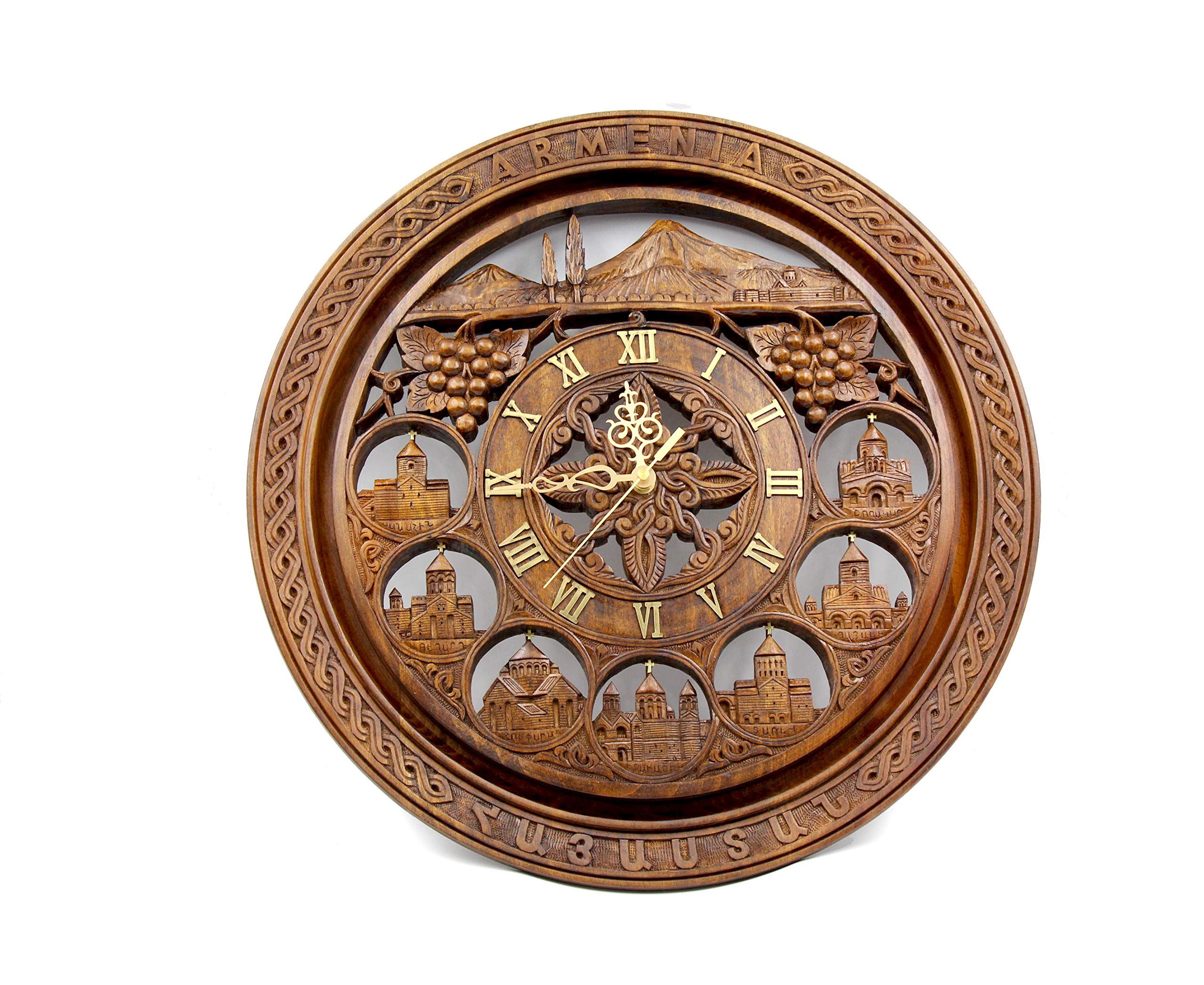 Handmade Carved Wooden Clock with Armenian Ornament - Ararat Mountain Wall Decor, Unique Wood Art Gift for Home, Office & Cabin Decorations