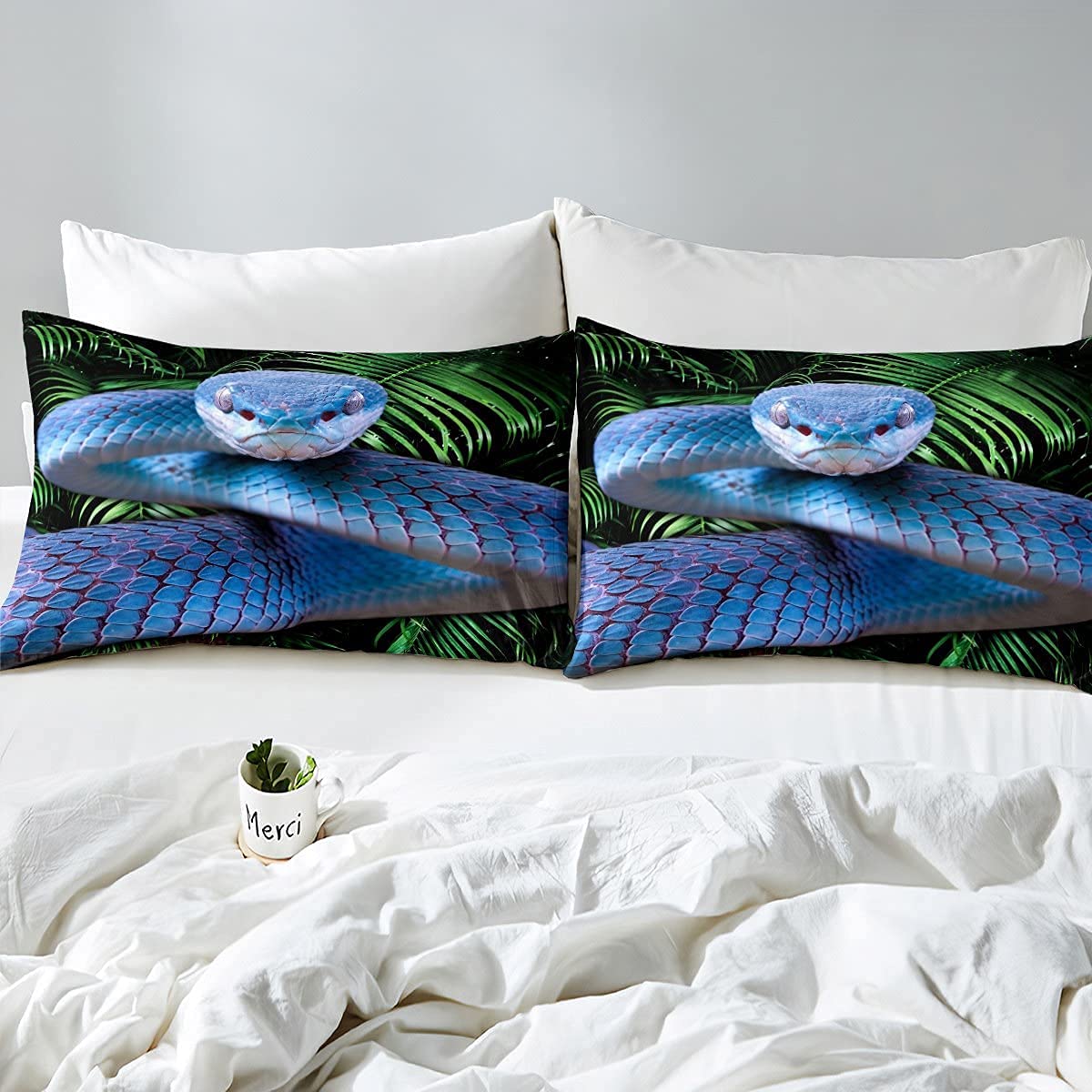 Erosebridal 3D Blue Snake Comforter Set Twin - Reptile Themed Duvet Cover with Scales Design, Palm Leaf Pattern Wild Animal Bedding for Kids, Boys, Teens & Adults - Perfect for Jungle Themed Bedroom Decor & Reptile Lover's Home