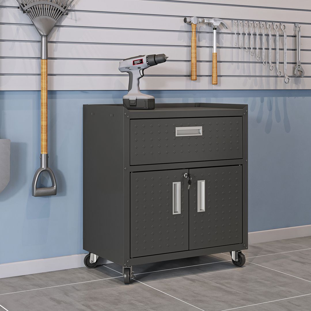 Manhattan Comfort Fortress Mobile Cabinet with Drawer and Shelves - Sturdy Rolling Storage Organizer for Office, Living Room, or Bedroom