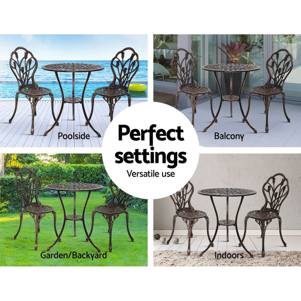 3-Piece Outdoor Bistro Set with Cast Aluminum Chairs & Table - Bronze Tulip Design - Perfect for Patio, Garden, and Balcony Dining