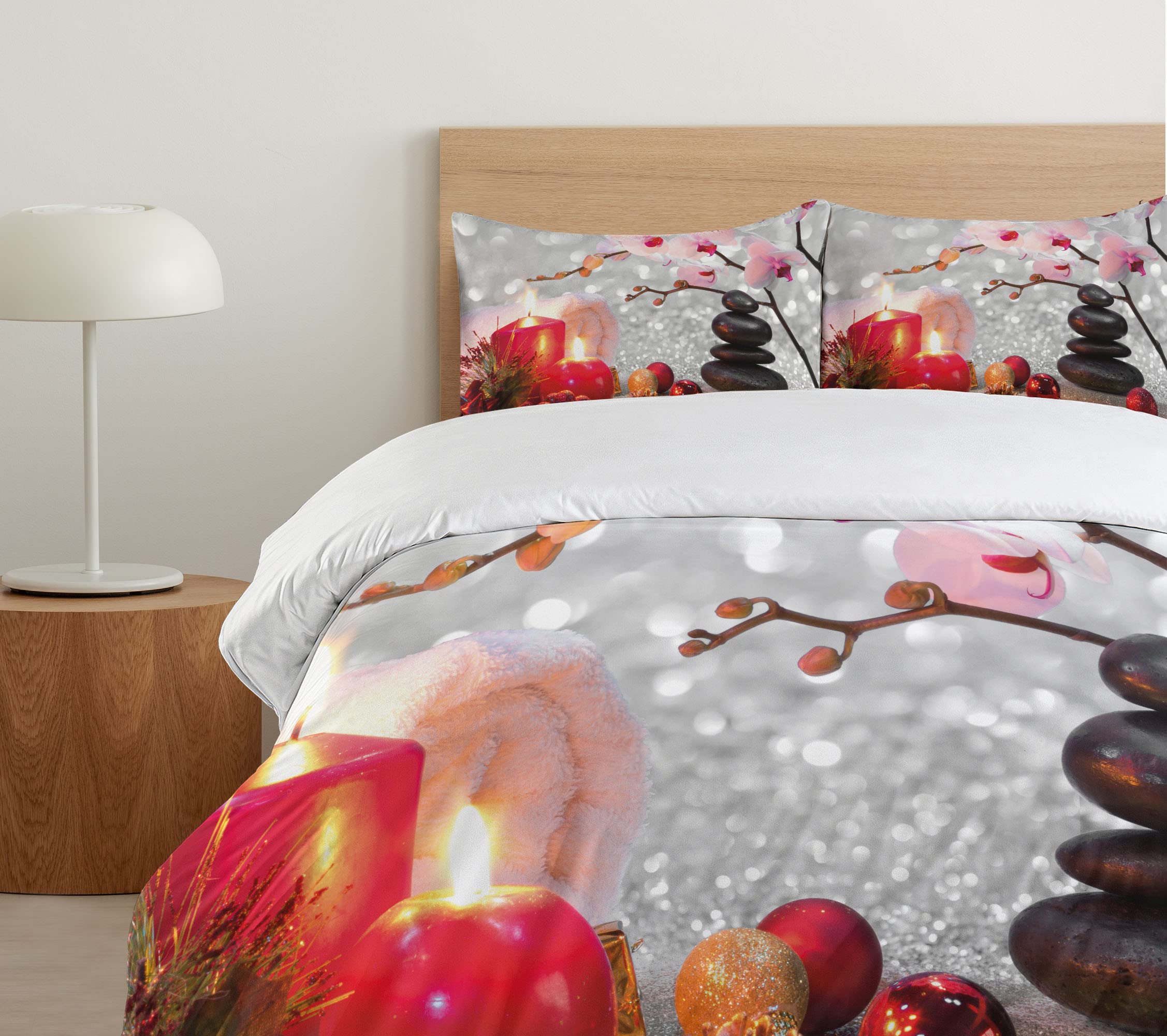 Ambesonne Winter Christmas Themed 3-Piece King Size Duvet Cover Set with Pink Orchid Stone & Red Candles Design - Includes Duvet Cover & 2 Pillow Shams (Black/White) | Cozy Holiday Bedding for Festive Home Decor & Spa-Like Comfort