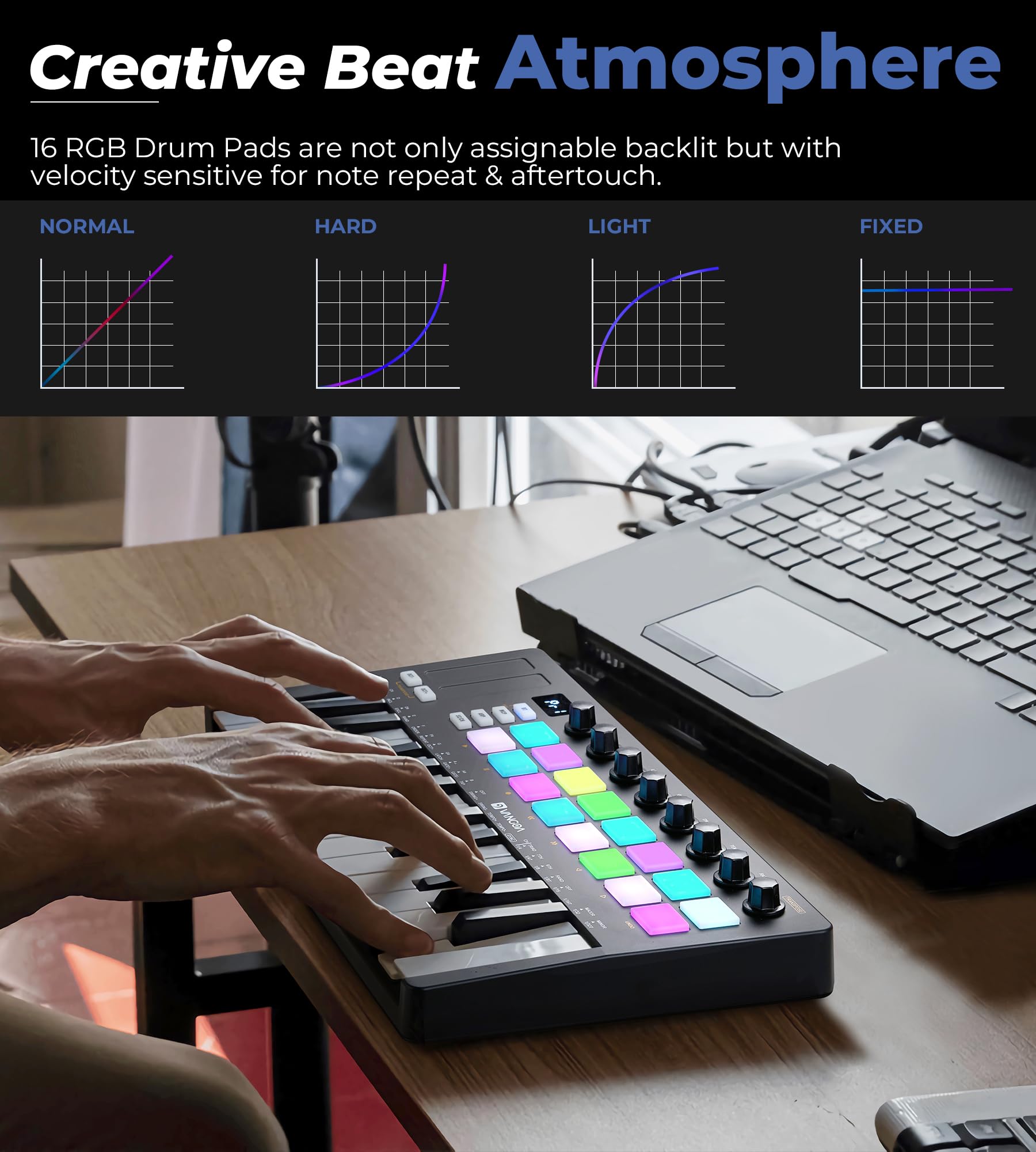 Vangoa 25-Key MIDI Pad Controller with 16 RGB Drum Pads - Wireless Beat Maker Machine for Music Production, Computer Recording & DJ Performance | Perfect for Beginners & Home Studio Music Making