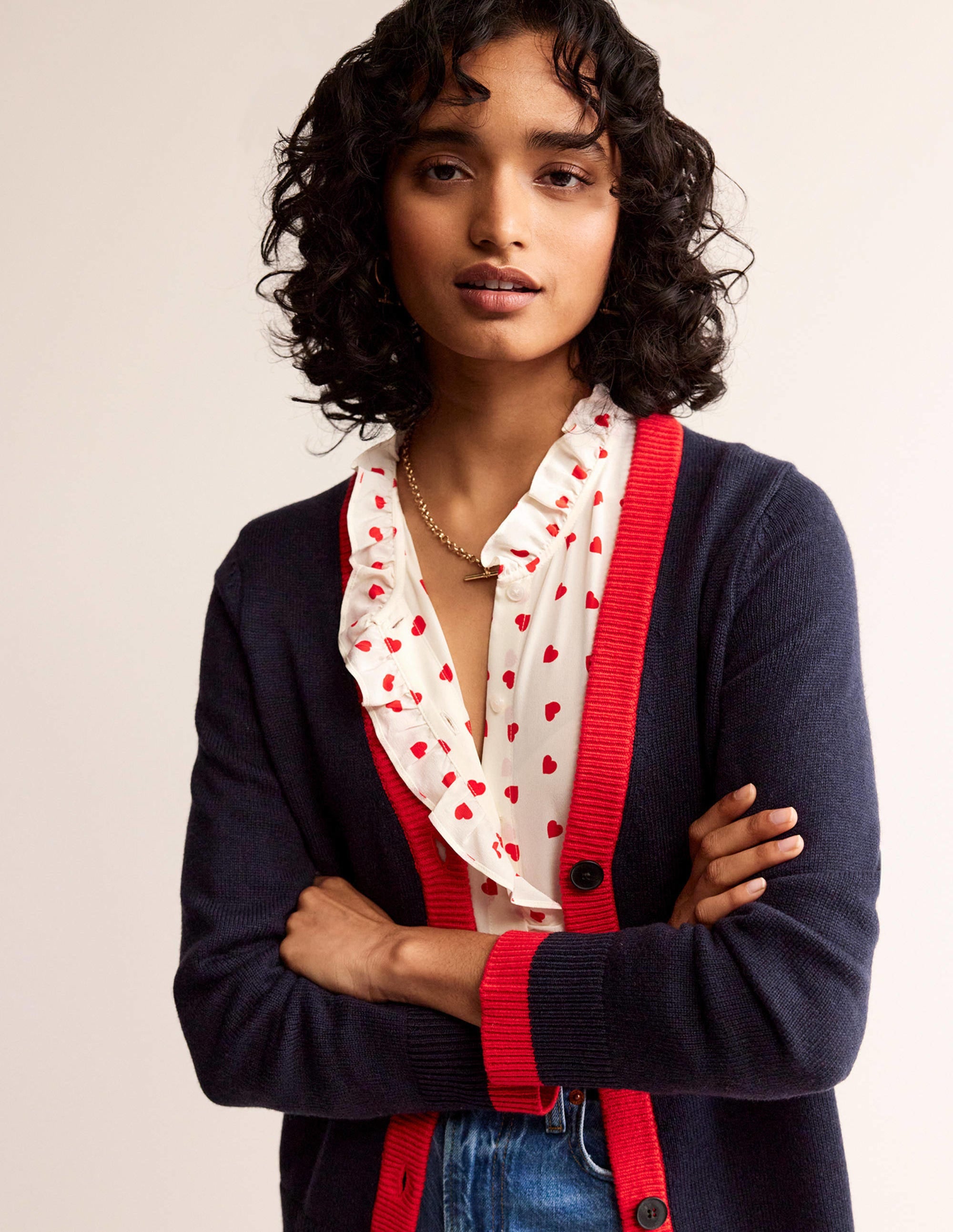 Alma Contrast Trim Cardigan in Navy & Post Box Red | Stylish Women's Knitwear for Office, Casual Outfits & Layering