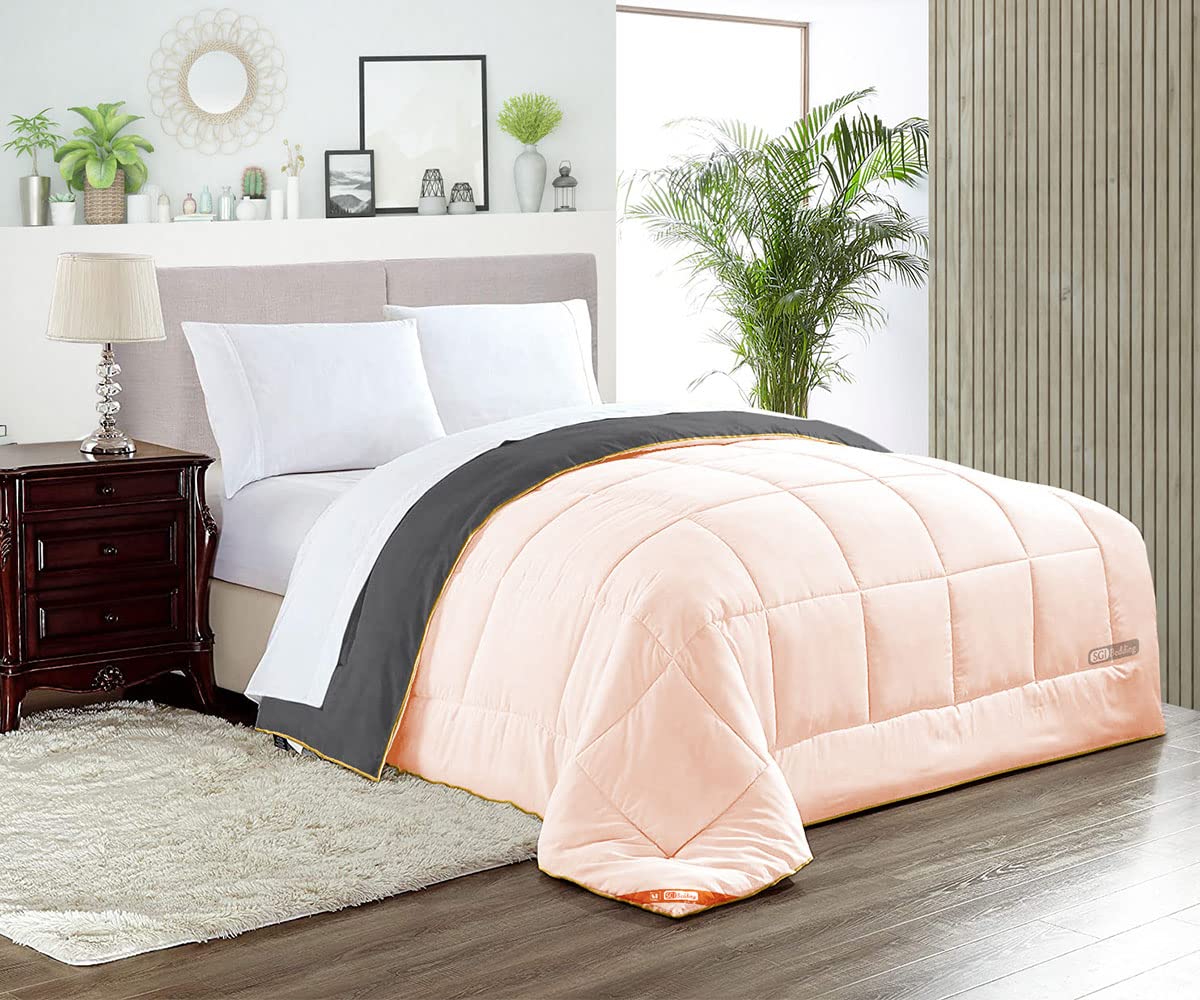 Down Alternative Super King Plus Comforter - 300 GSM Plush Siliconized Fiberfill, 600 TC Egyptian Cotton, Box Stitched Quilted Design with Golden Piping (Peach/Dark Gray) | Ultra Soft & Hypoallergenic Bedding for All Seasons - Perfect for Master Bedrooms, Guest Rooms & Luxury Hotels