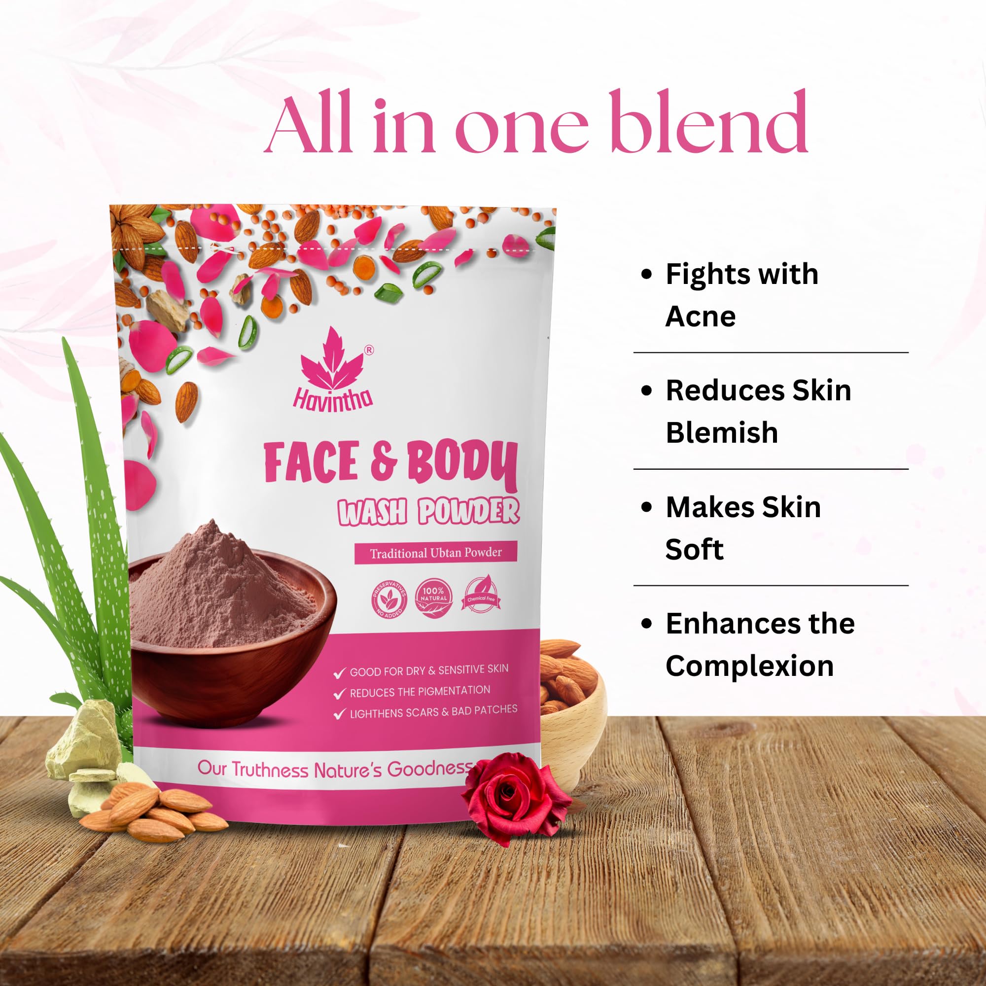 Havintha Natural Face and Body Wash Powder for Dry Skin - 227g | Gentle Cleanser, Tan Removal, Skin Brightening, Acne Treatment | Men & Women | Perfect for Daily Skincare & Post-Sun Care