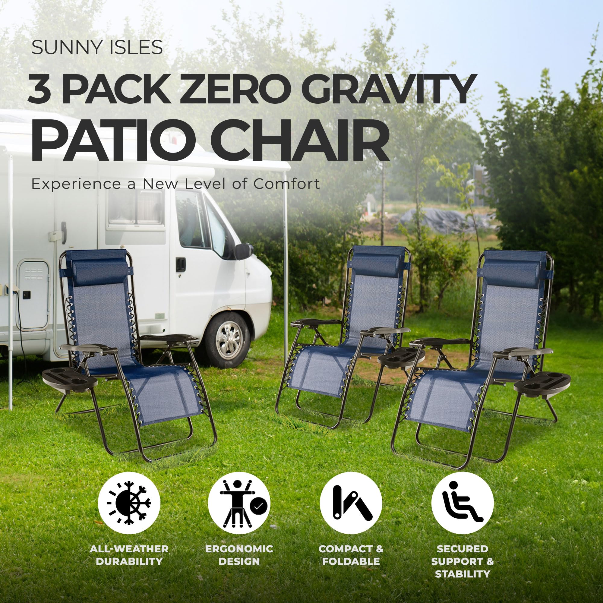 Sunny Isles Zero Gravity Outdoor Patio Reclining Chairs - Steel Frame Comfortable Lounge Seating Set (3-Pack, Blue) - Perfect for Backyard Relaxation, Poolside Lounging & Beach Comfort