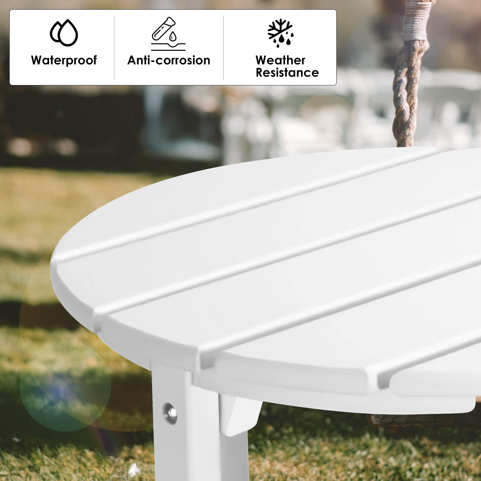 LAUSAINT HOME Outdoor Adirondack Side Table - Weather Resistant Round Coffee End Table for Patio, Garden, Deck - Easy to Assemble White Accent Furniture for Relaxing Outdoors