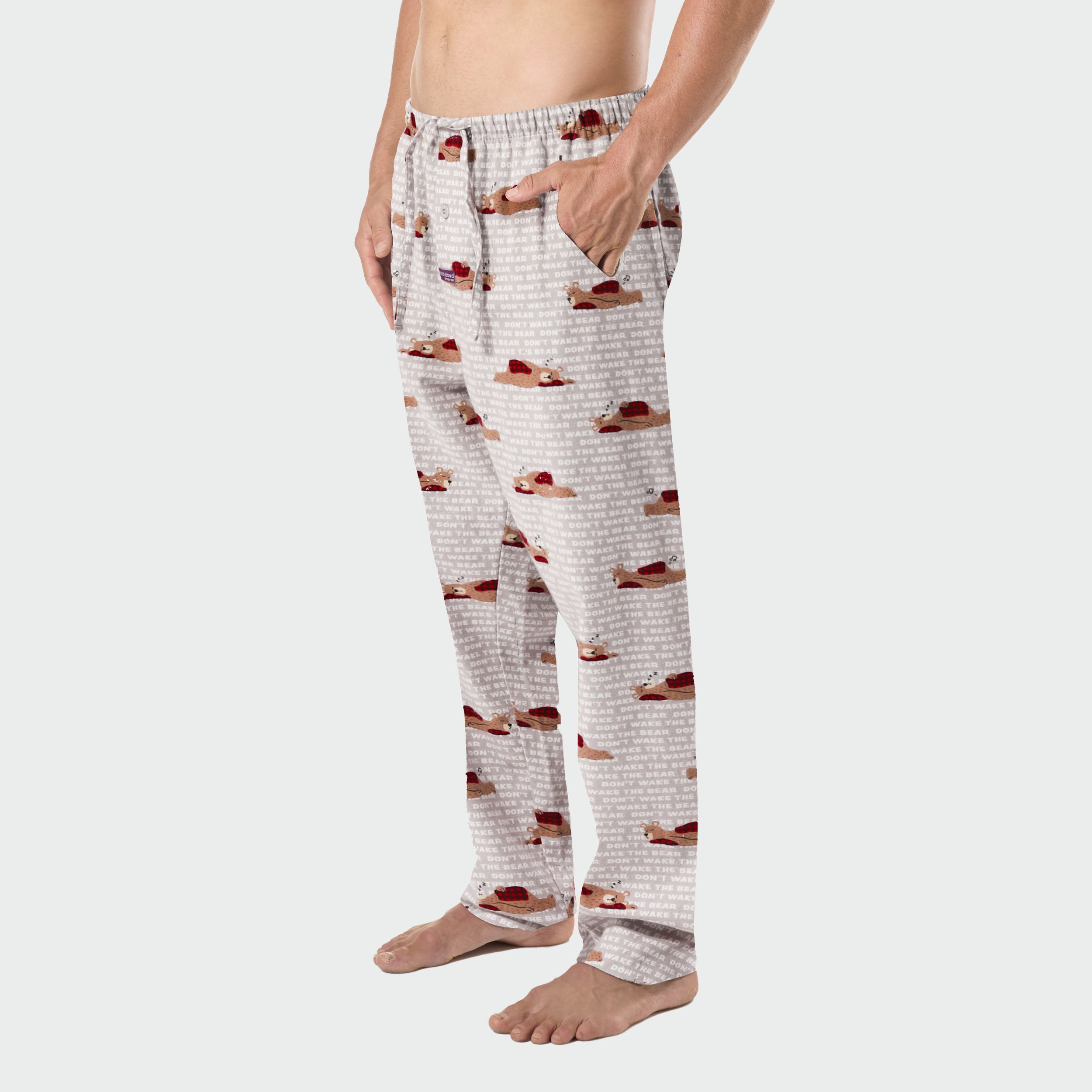 Men's Snooze Bear Cotton Flannel Sleep Pants - Soft & Comfortable Lounge Pajama Bottoms for Relaxing at Home (Grey) - Perfect for Winter Nights, Lounging & Sleepovers