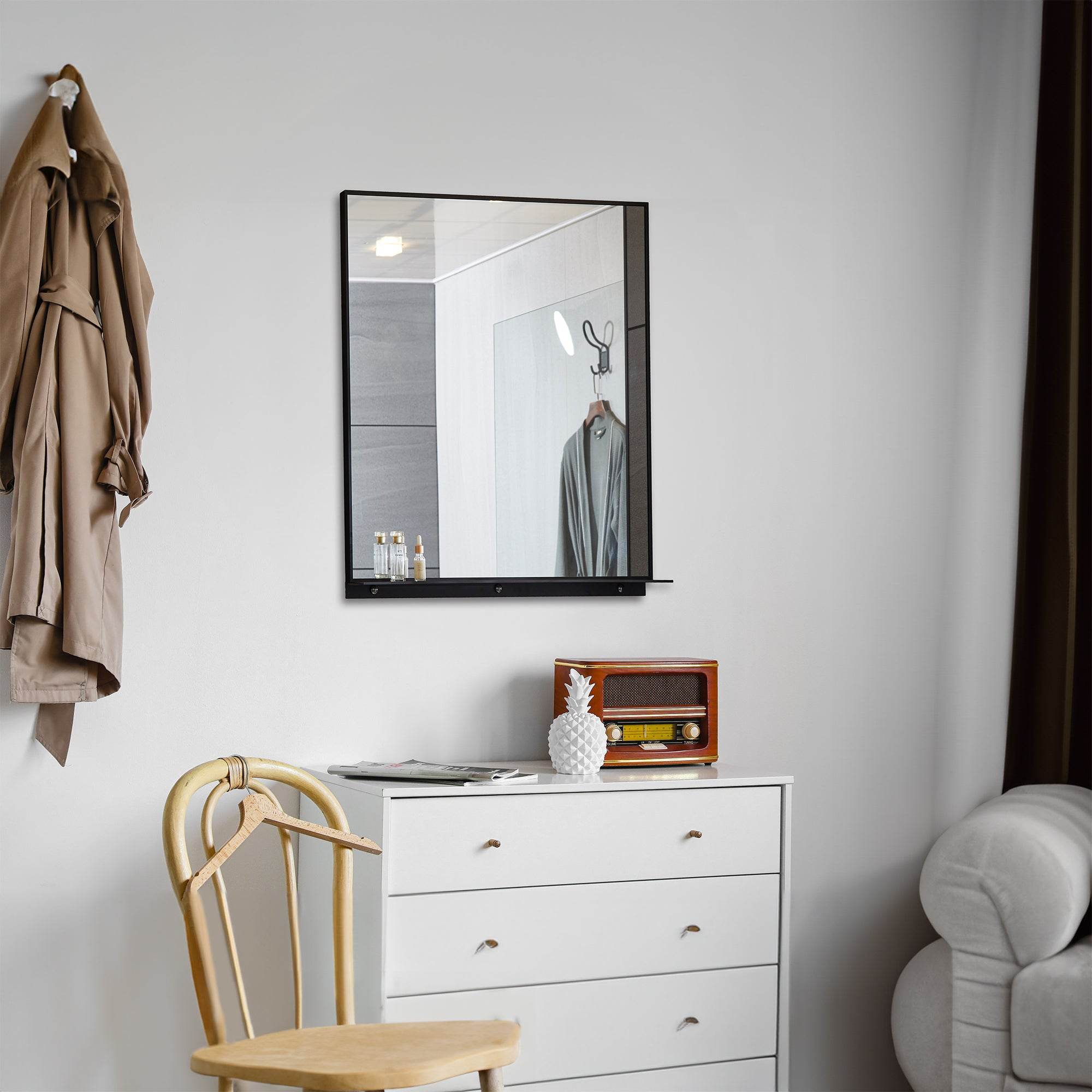 Lexi 24W x 32H Rectangular Framed Wall Mirror with Built-in Shelf - Black & Brushed Nickel Finish | Perfect for Entryway, Bathroom & Bedroom Decor