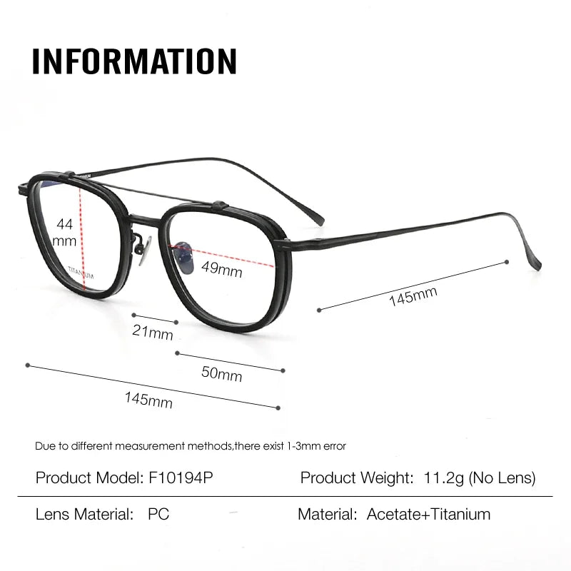 Aror Unisex Square Double Bridge Acetate Titanium Eyeglasses 10197 - Lightweight & Durable Frame for Work, Reading & Fashion