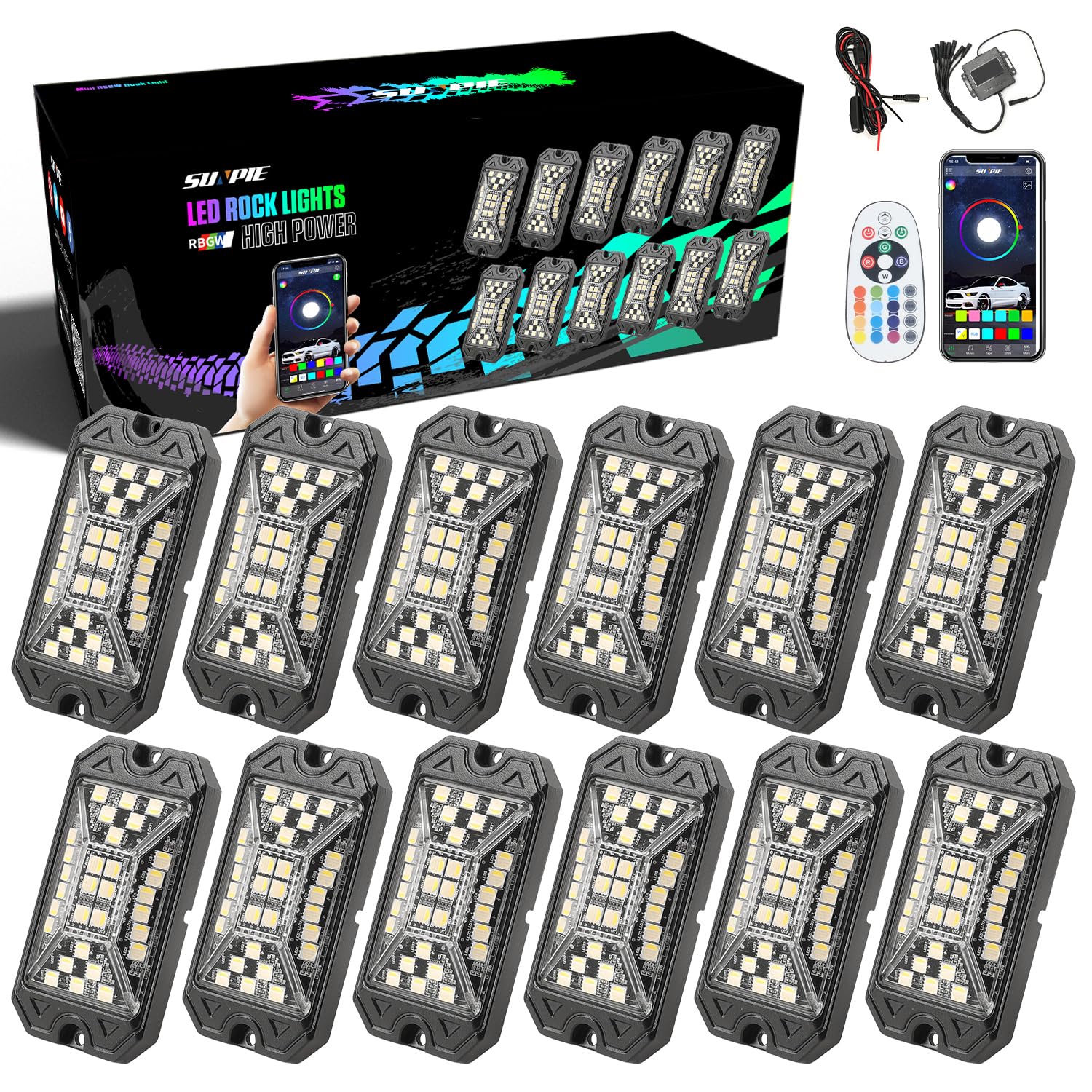 SUNPIE 12 Pods RGBW Rock Lights - 30 High Power LED Chips, Full Beam Angle, Aluminum Metal Housing, IP67 Waterproof, with Mounting Pads - Off Road Lighting for Truck, SUV, ATV, UTV & Boats - Perfect for Night Driving, Car Shows & Off-Road Adventures