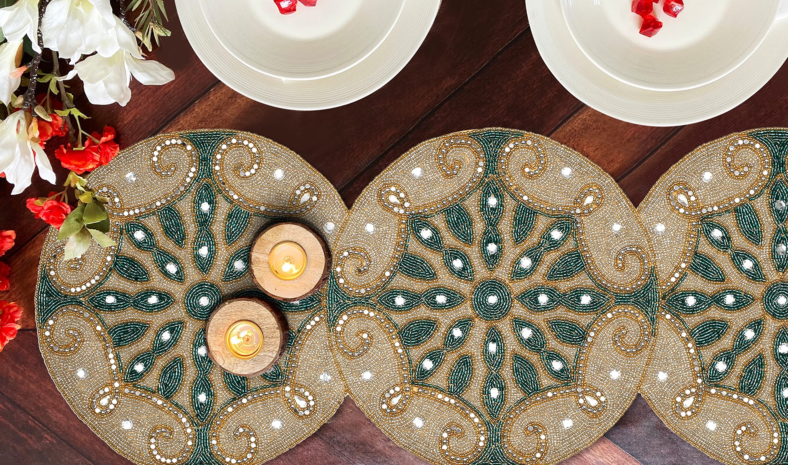 13x36 Beaded Table Runner - Glitz Decorative Farmhouse Rustic Tablecloth for Wedding, Christmas & Holiday Decor in Silver, Teal & Gold | Perfect for Bridal Showers, Dinner Parties & Seasonal Home Decor
