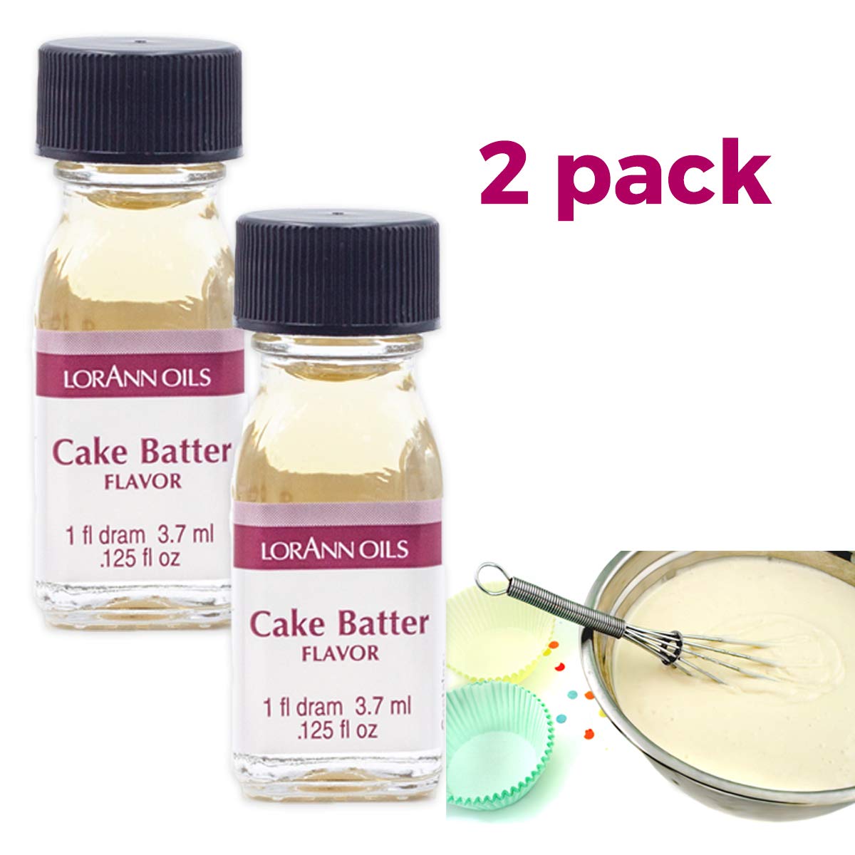 LorAnn Oils Super Strength Flavoring for Candy Making, Baking & Hard Candy - 4X Stronger Than Extracts - Natural Cake Batter Flavor (Pack of 2, 0.125 fl oz) - Perfect for DIY Desserts, Homemade Treats & Professional Baking