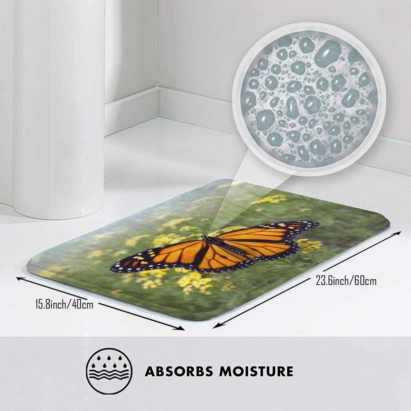 Monarch Butterfly Bath Mat - Soft Plush Non-Slip Absorbent Shower Rug for Bathroom Floor, Washable Kitchen Sink Carpet - Perfect Bathroom Decor & Cozy Home Accessories for Kids and Adults