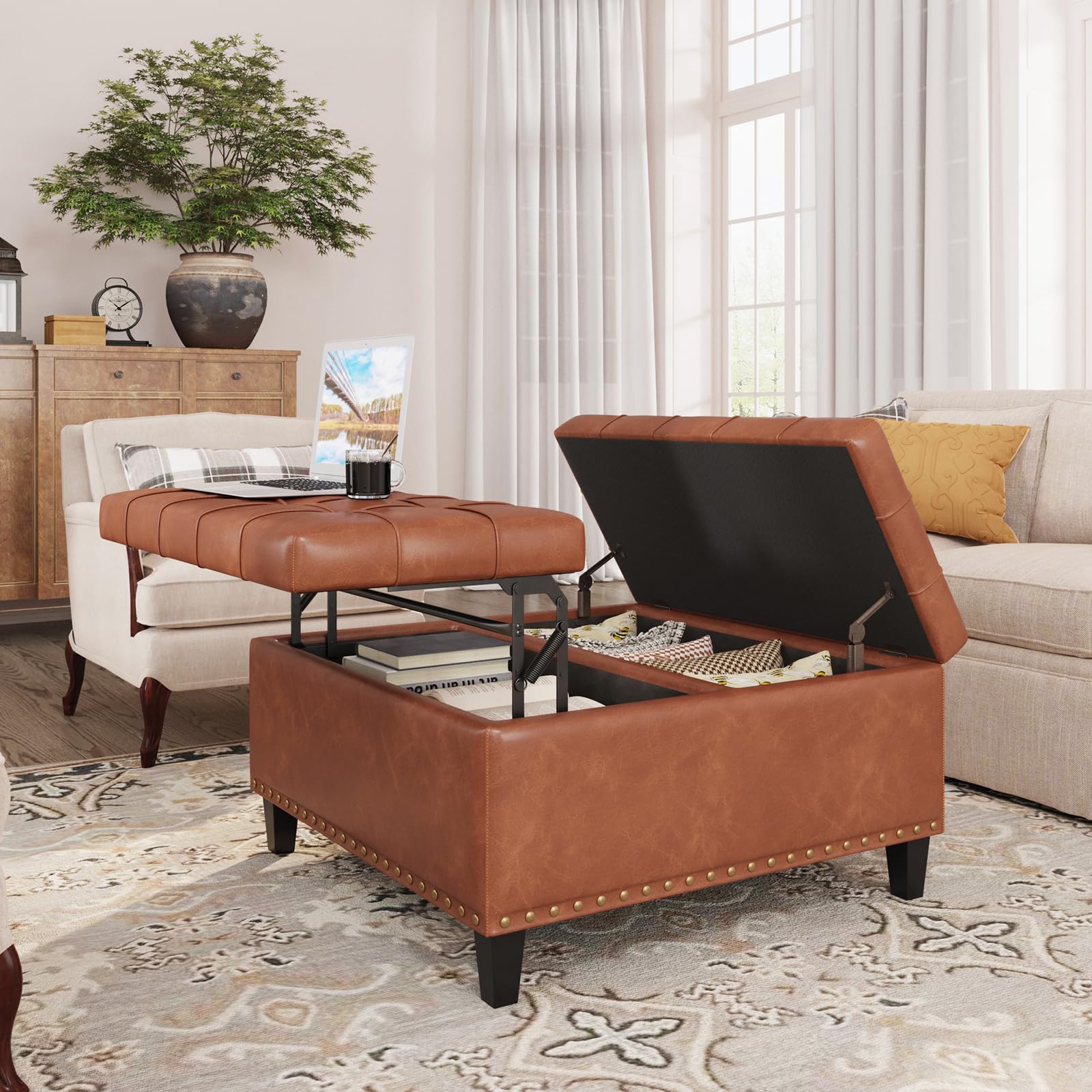 Square Leather Storage Ottoman with Lift Top - Large Upholstered Footrest Stool & Toy Box for Living Room, Bedroom - Brown Leather Coffee Table Ottoman | Perfect for Extra Seating, Storage & Home Decor