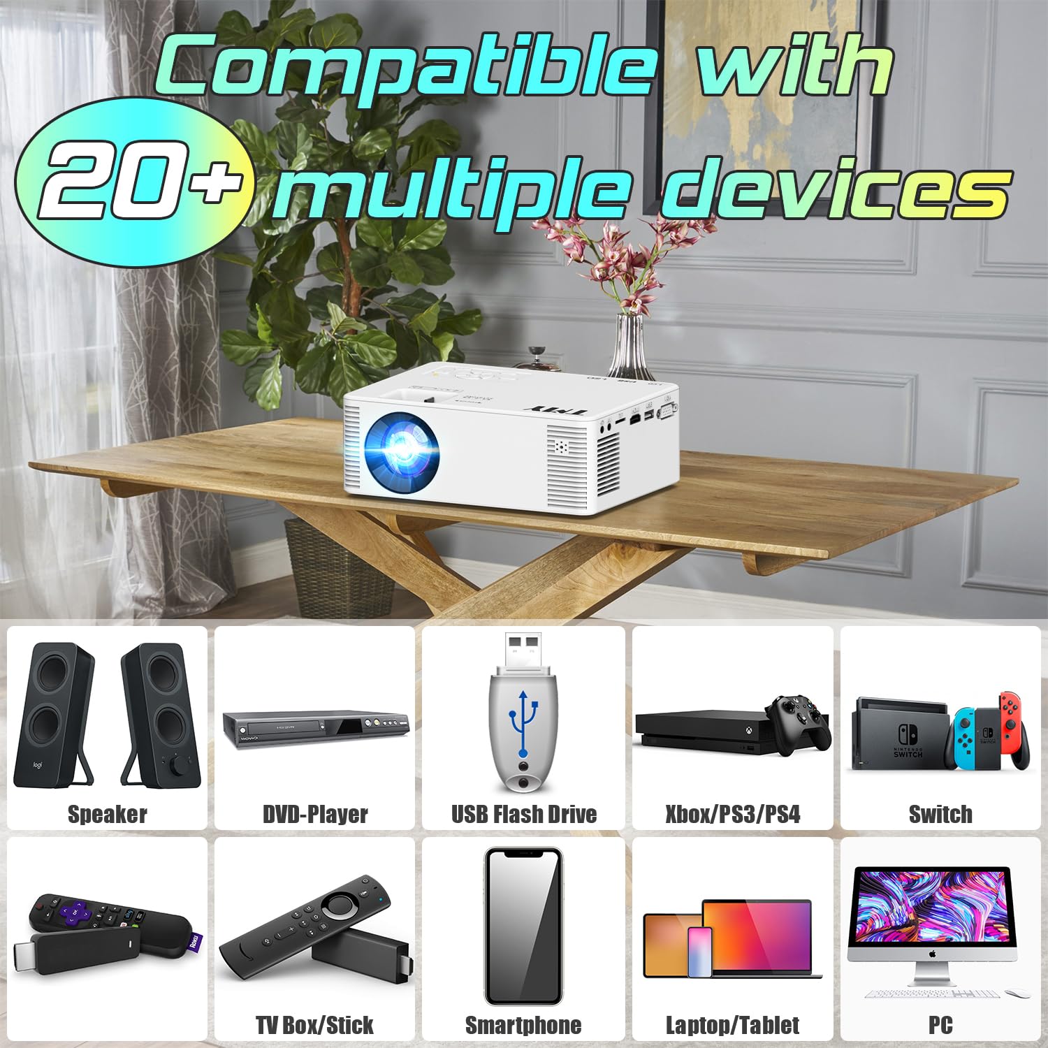TMY Mini WiFi Projector 8500L HD - Portable Outdoor Movie Projector for Smartphone/PC/TV - Home Theater & Camping