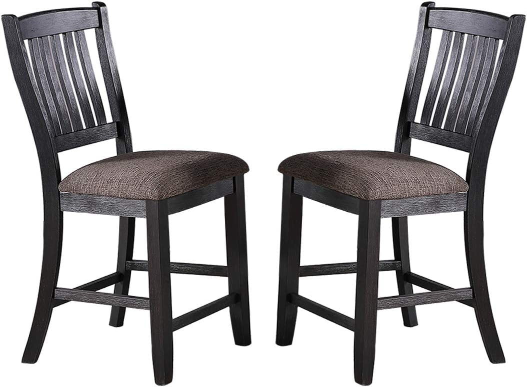 Dark Wooden Counter Height Bar Stools Set of 2 - Classic Coffee Finish Fabric Upholstered Seats with Unique Back Design - Perfect for Kitchen Islands, Breakfast Nooks & Dining Rooms