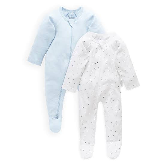 Purebaby Organic Zip Growsuit 2 Pack - Pale Blue & Spots | Soft Baby Sleepwear for Boys & Girls | Perfect for Nursery, Daycare & Playtime