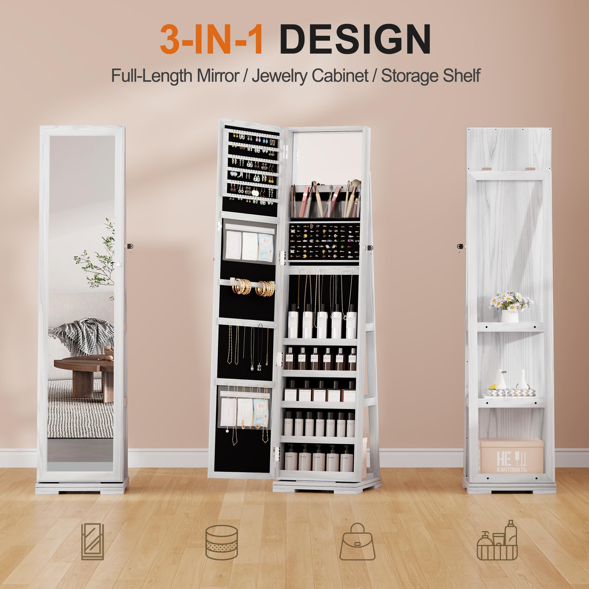360° Rotating Jewelry Armoire with Full-Length Mirror & Lockable Storage - 66