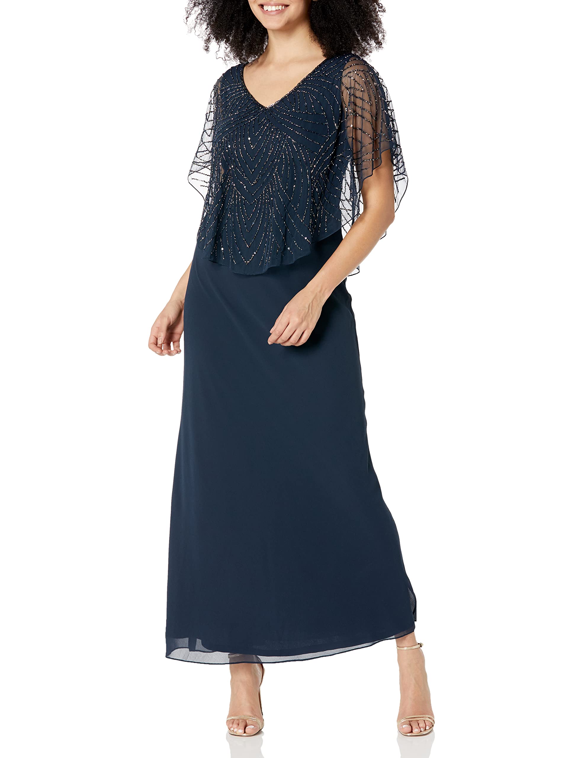 J Kara Women's Petite Beaded Capelet Long Dress for Wedding, Party & Special Occasions - Elegant Beaded Evening Gown for Formal Events & Night Out