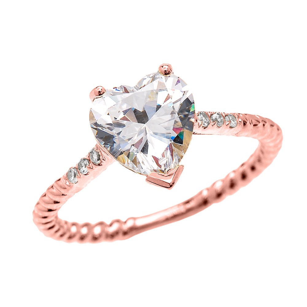 10K Rose Gold Dainty Diamond & 3 Carat Heart Cubic Zirconia Solitaire Rope Engagement Ring for Women - Perfect for Proposals, Anniversaries & Valentine's Day Gifts
