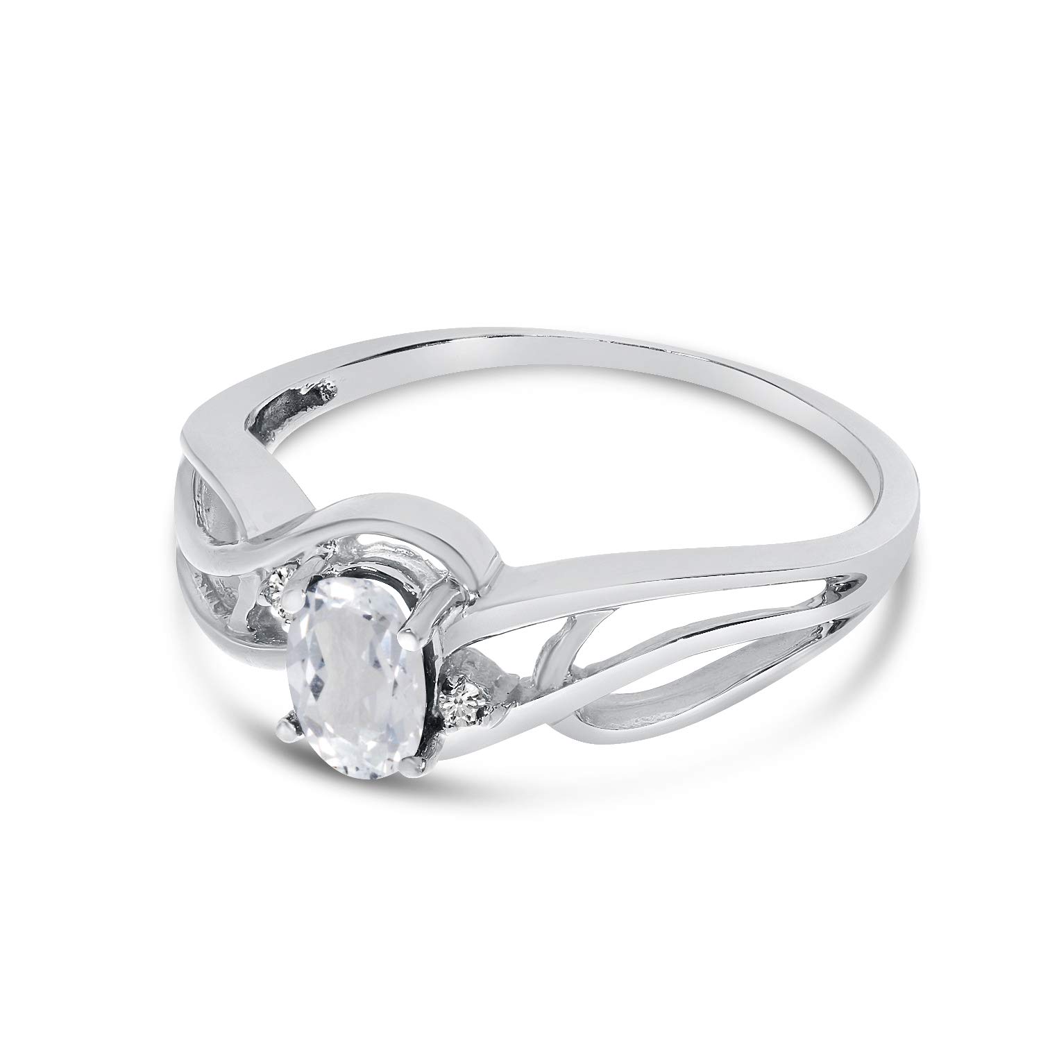 14K White Gold Oval White Topaz and Diamond Curved Ring for Women - Elegant Wedding, Engagement, Anniversary Gift Jewelry for Her