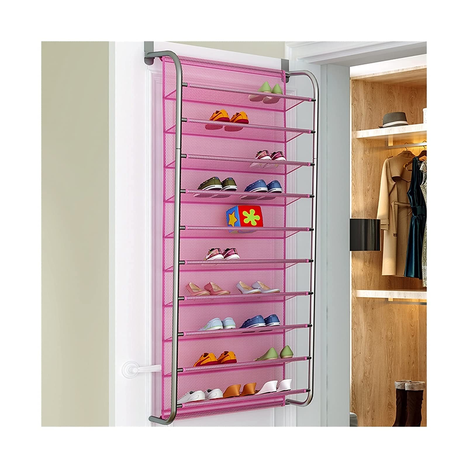 10-Tier Wall-Mounted Shoe Organizer - Space Saving Over The Door Hanging Shoe Rack with Heavy Duty Metal Hooks for Closet, Pantry & Entryway Storage (Pink) - Perfect for Small Apartments, Dorm Rooms & Organized Shoe Lovers