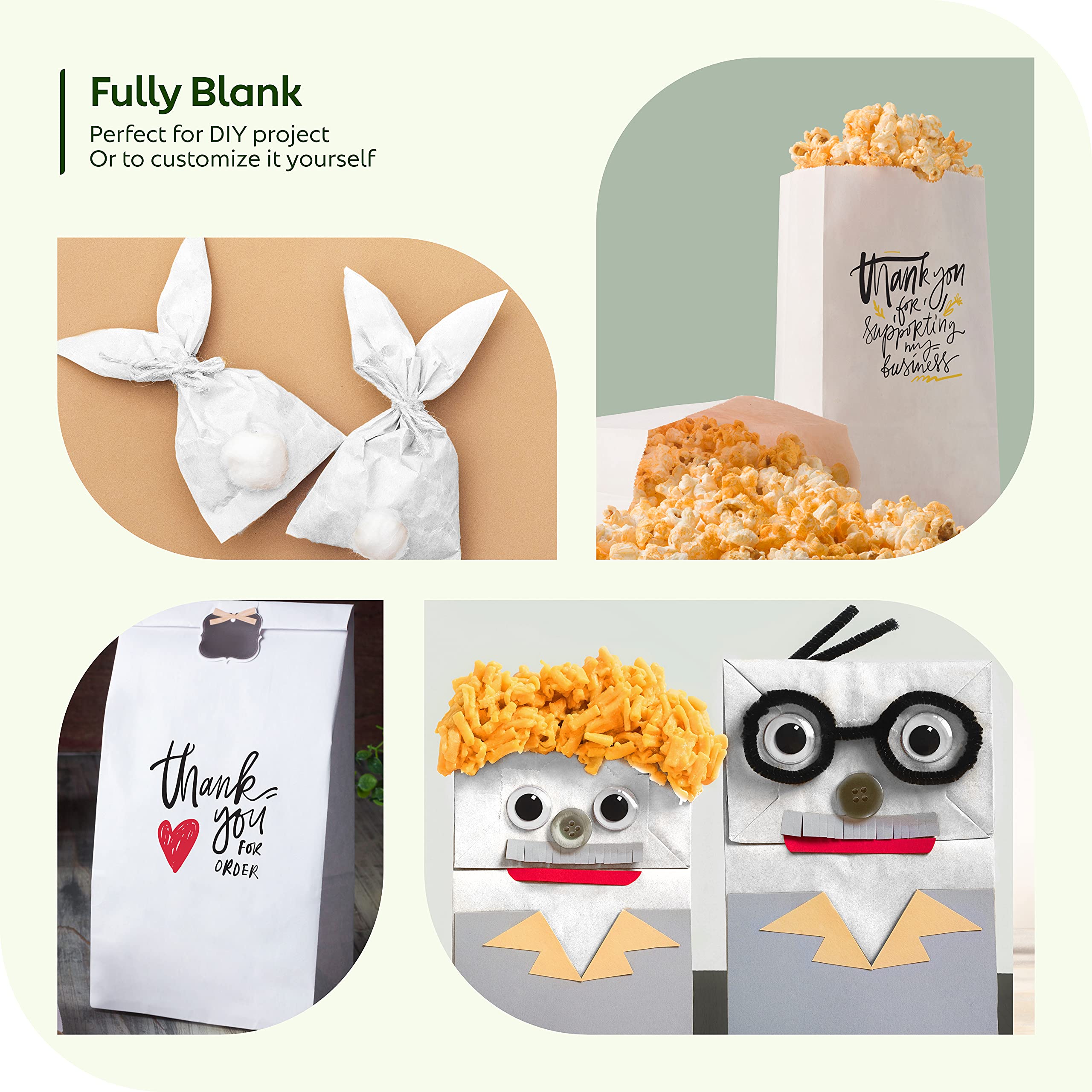 Premium Kraft Paper Bags 10 Lb - Heavy Duty White Food Bags for Snacks, Lunch, Sandwiches, Pastries, Popcorn & Groceries - Bulk Party Favor Bags 6.5