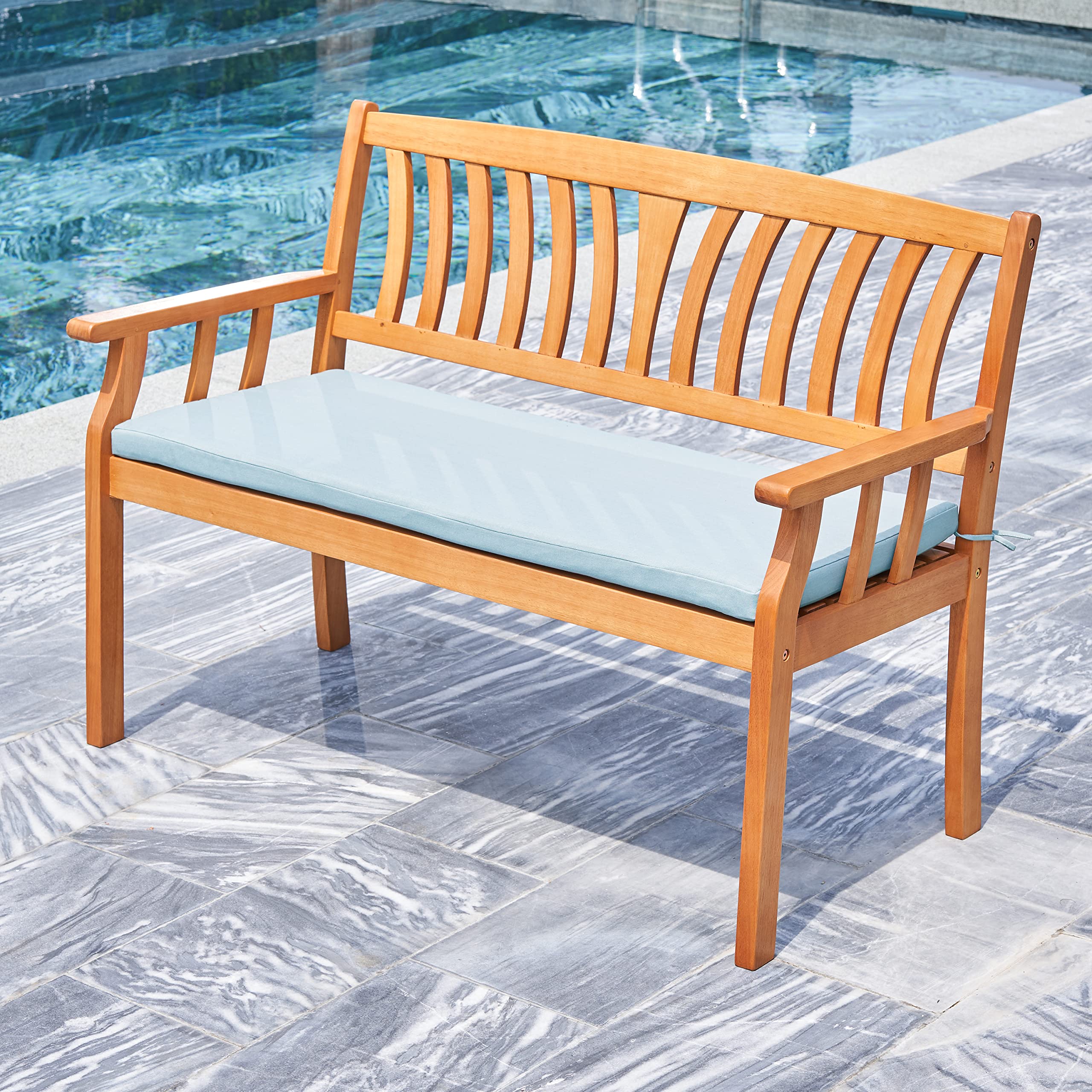 VIFAH V1963 4ft Outdoor Wooden Bench - Natural Eucalyptus Wood Patio Love Seat with Armrests & Backrest - Perfect for 2-Person Seating in Garden, Backyard, Poolside, Deck or Outdoor Living Spaces