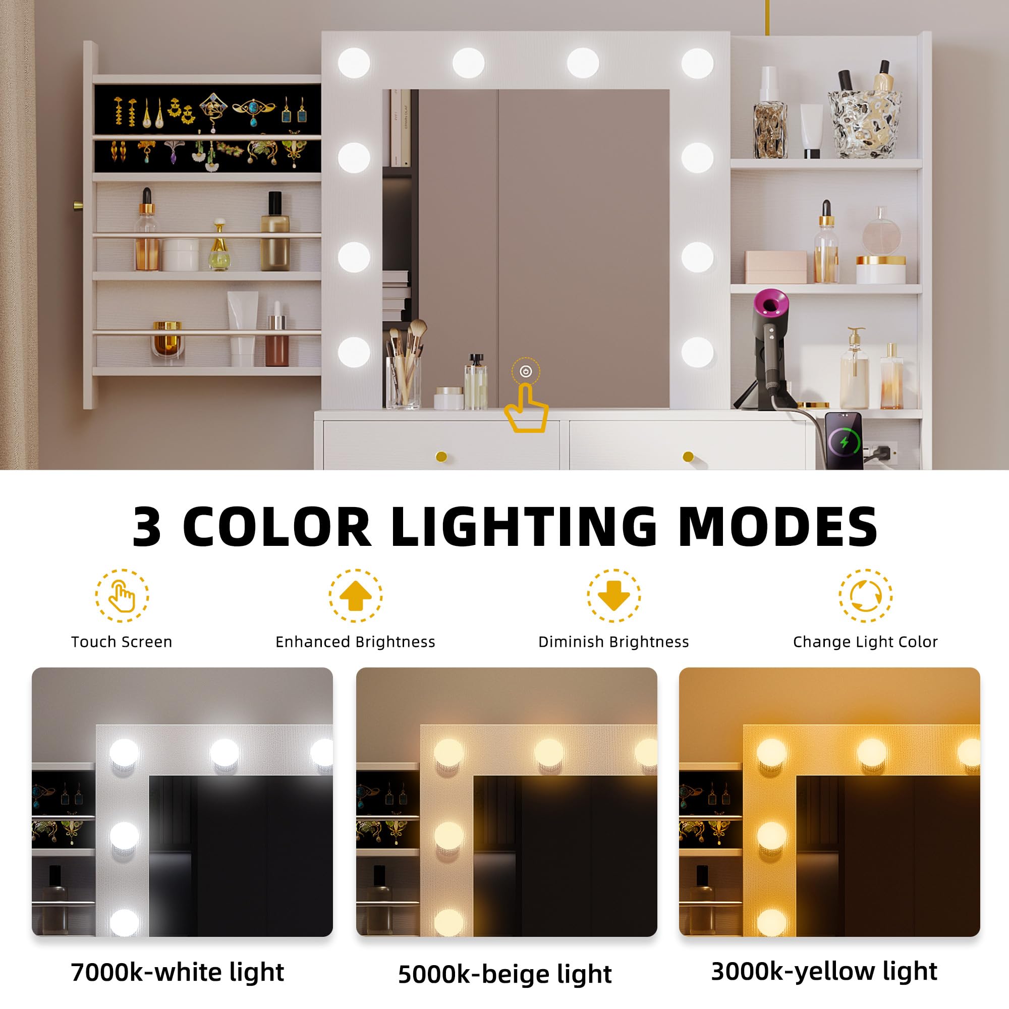DWVO White Vanity Desk with LED Lighted Mirror - 3 Color Lighting, 5 Drawers & Hidden Jewelry Storage - Makeup Dressing Table Set with Power Outlet & Cushion Stool - Perfect for Bedroom, Bathroom & Home Beauty Salon