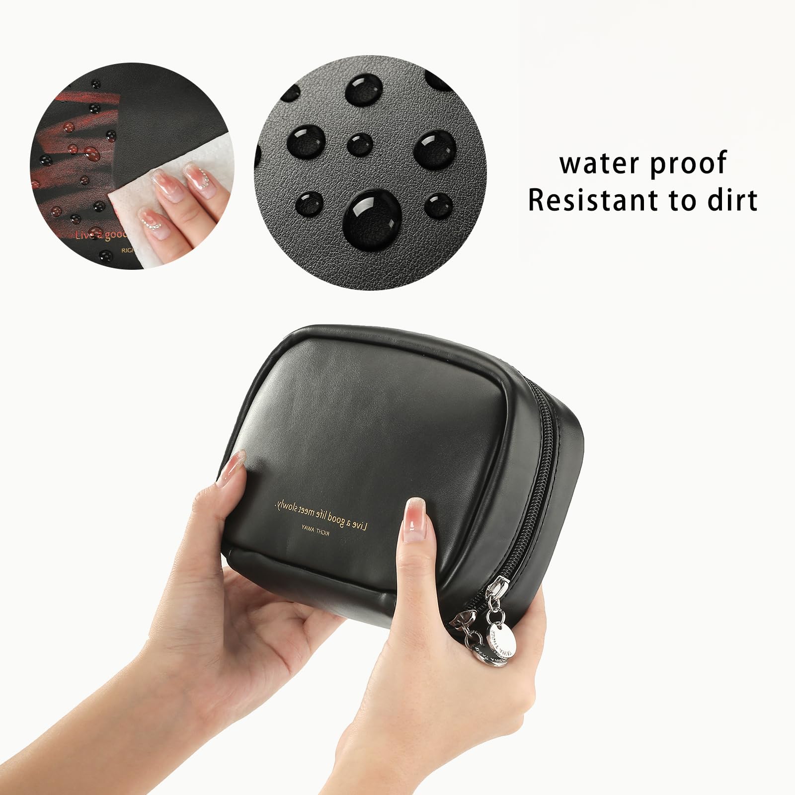 RIGHT AWAY Small Makeup Bag for Women | Cute Cosmetic Organizer & Travel Toiletry Bag | Waterproof Leather Case with Gold Zipper | Perfect for Daily Use, Travel, and Gift Giving (Black)