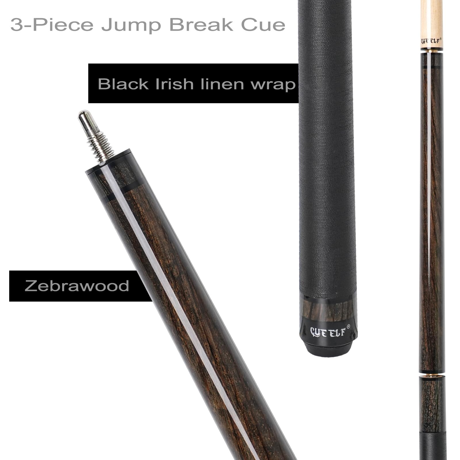Heavy Hitter 3-Piece Jump Break Pool Cue Stick - 23oz Zebra Wood Professional Billiard Cue for Powerful Breaks & Jump Shots | Perfect for Tournament Play & Home Pool Tables