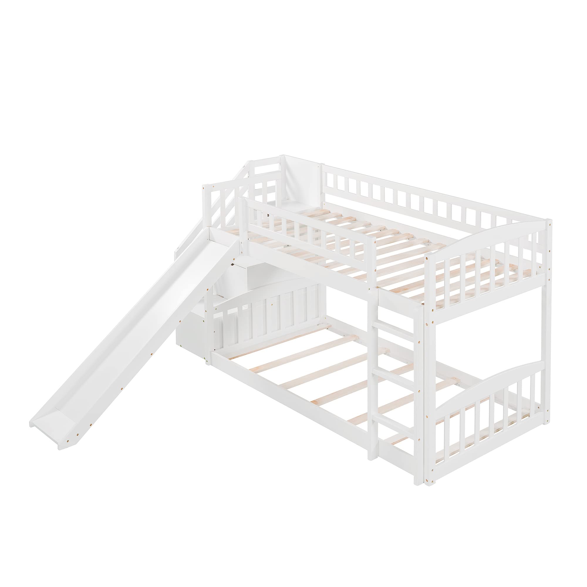 **Twin Over Twin Low Bunk Bed with Slide & Stairs - Solid Wood Kids Bunk Bed with Storage - White - Perfect for Toddlers, Boys & Girls - Ideal for Small Bedrooms & Shared Kids' Rooms**