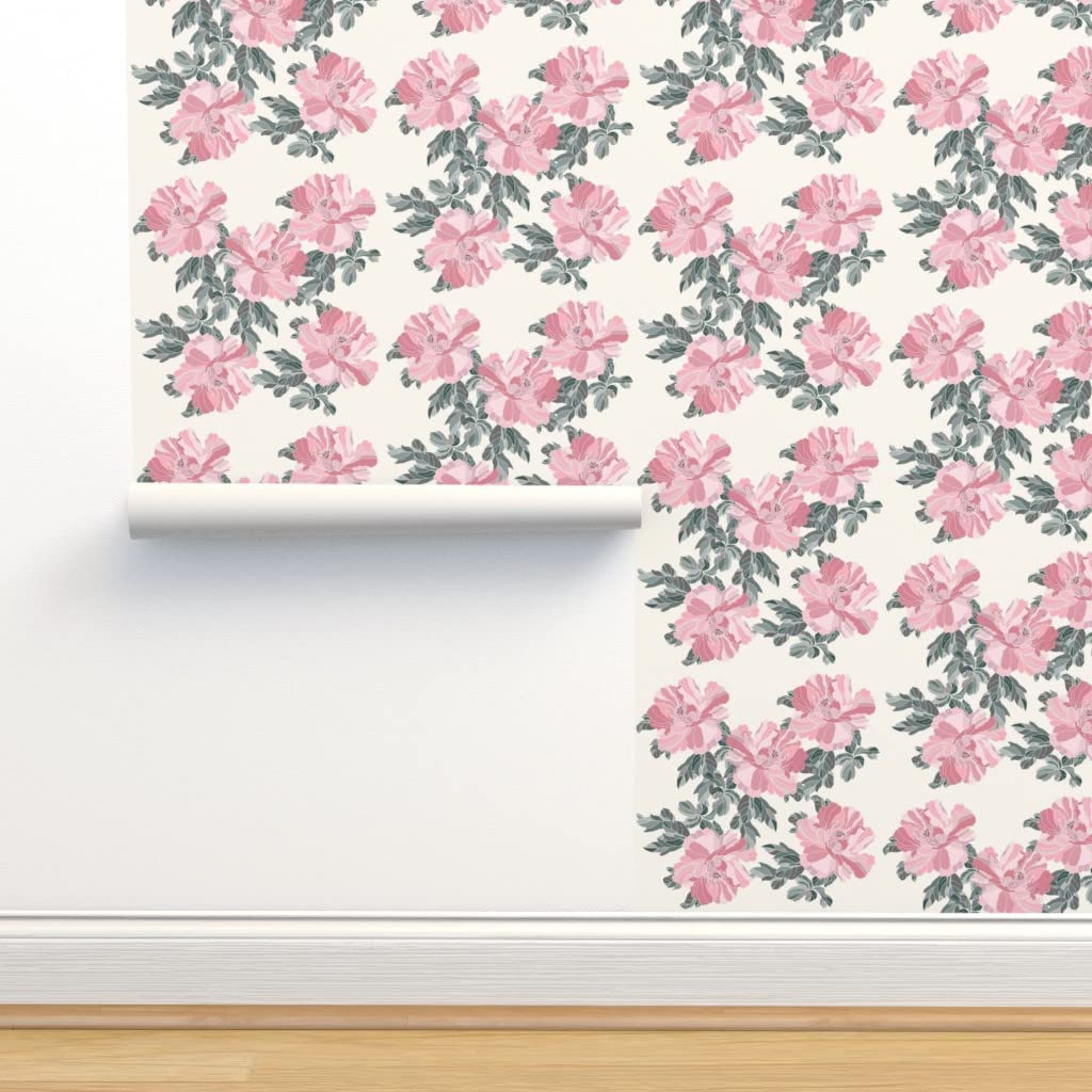 Premium Commercial Grade Wallpaper - 27ft x 2ft Sweet Peony White Cottage Garden Floral Design | Vintage Pink Peonies & Botanical Pattern | Traditional Spoonflower Wallpaper for Living Room, Bedroom & Dining Room Decor