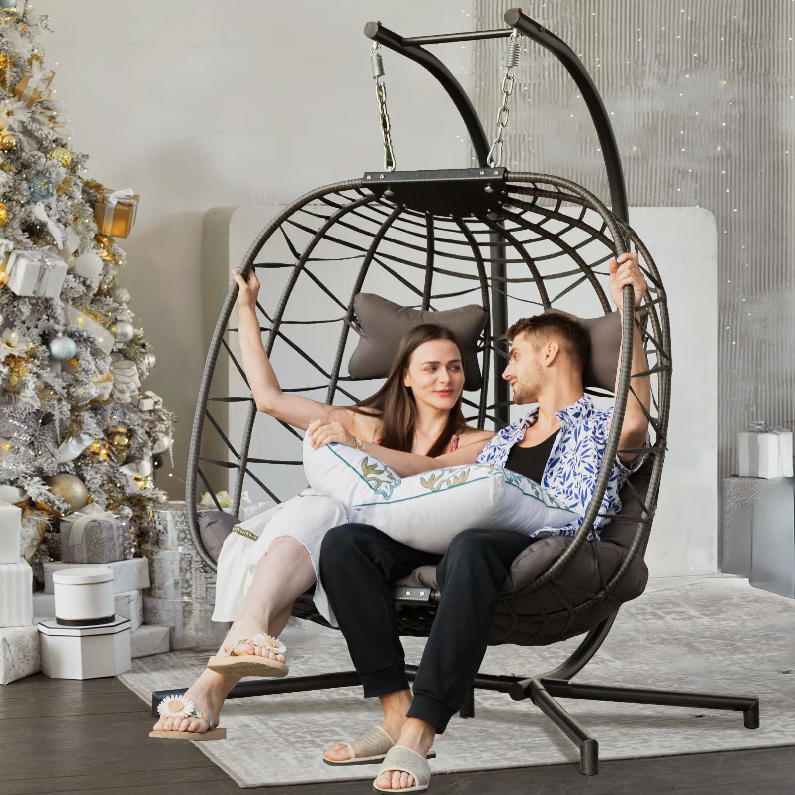 NICESOUL Double Egg Swing Chair with Stand - Oversized 2-Person Indoor/Outdoor Hanging Hammock Chair with Cushion - 700lbs Capacity Sturdy Porch Swing for Patio, Garden, or Backyard - Dark Gray Comfy Loveseat for Relaxing & Lounging