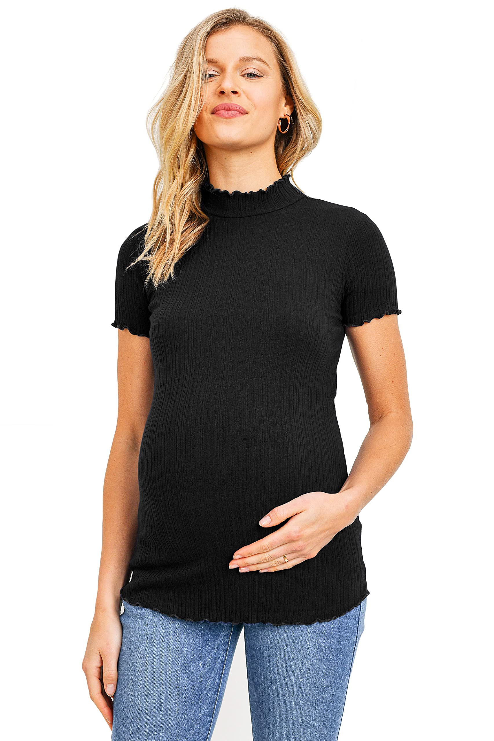 Women's Maternity Short Sleeve Cotton T-Shirt - Soft Ribbed Nursing Top with Lettuce Trim | Perfect for Pregnancy & Breastfeeding Comfort