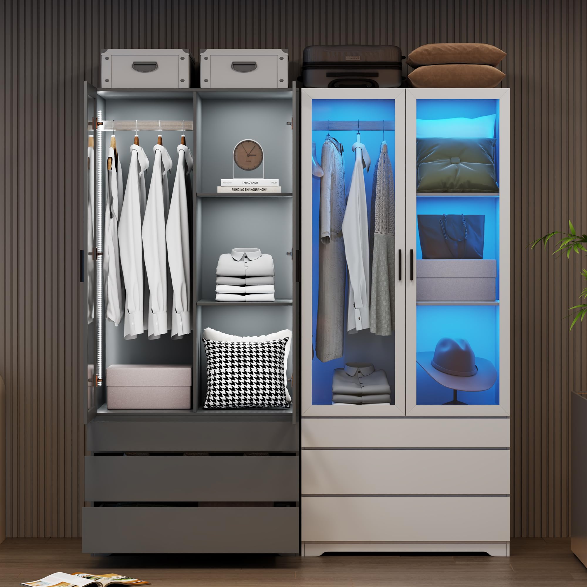 Modern LED Armoire Wardrobe Closet Cabinet with 3 Drawers & 2 Doors - 70