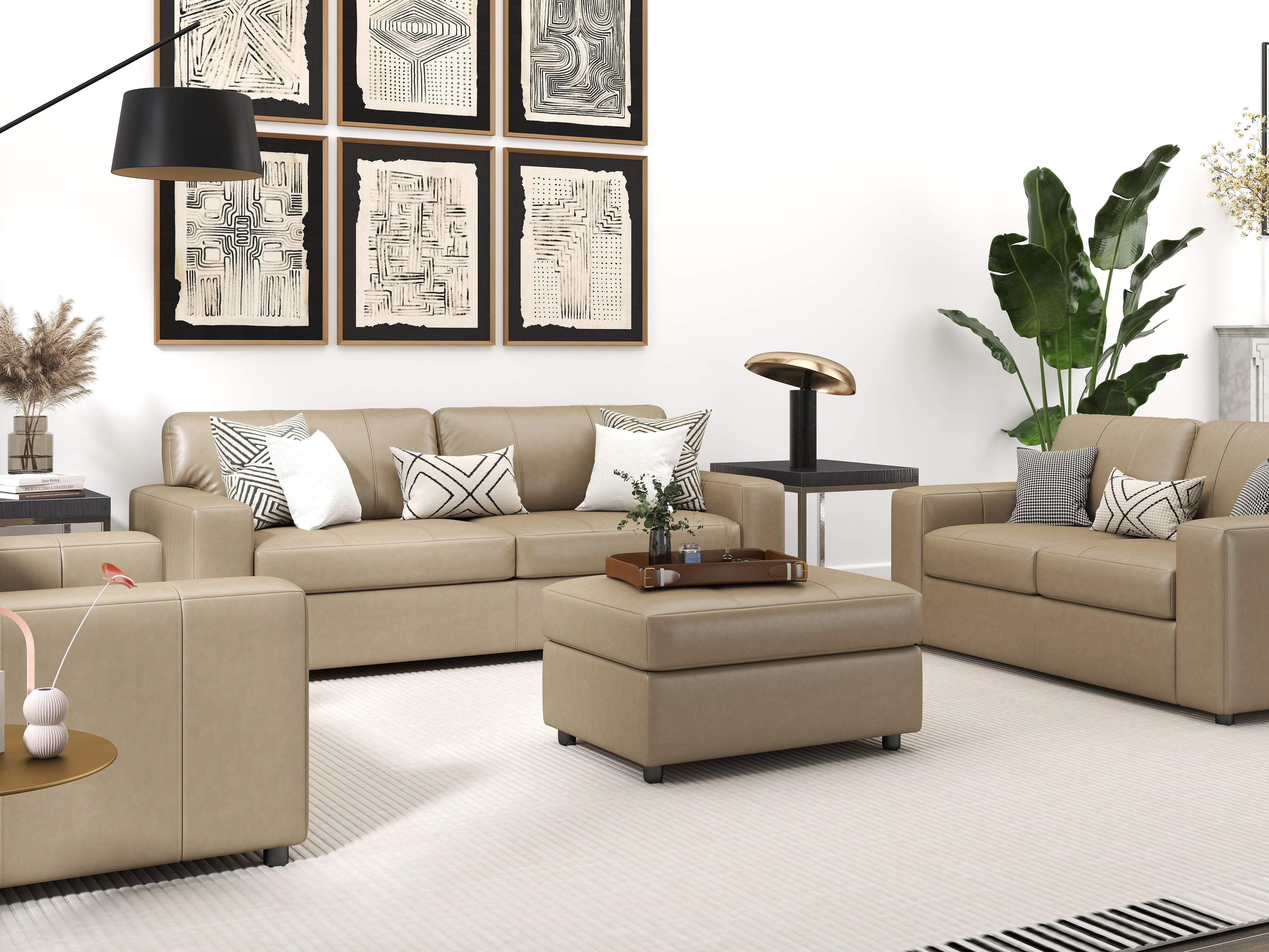 Roundhill Furniture Sakan Genuine Leather Upholstered Living Room Set - Sofa, Loveseat & Chair - Modern Sectional Couch for Home Theater, Family Room & Lounge Areas